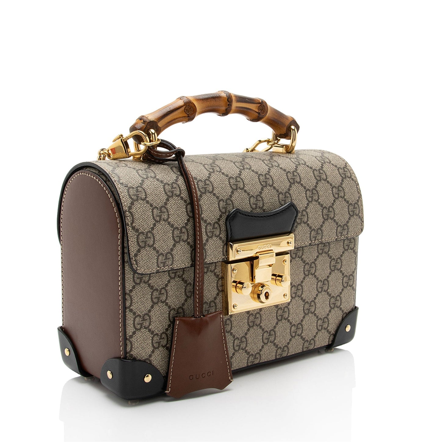 Gucci GG Supreme Bamboo Padlock Top Leather Canvas Black Brown Crossbody Bag Shf Hs3Epm