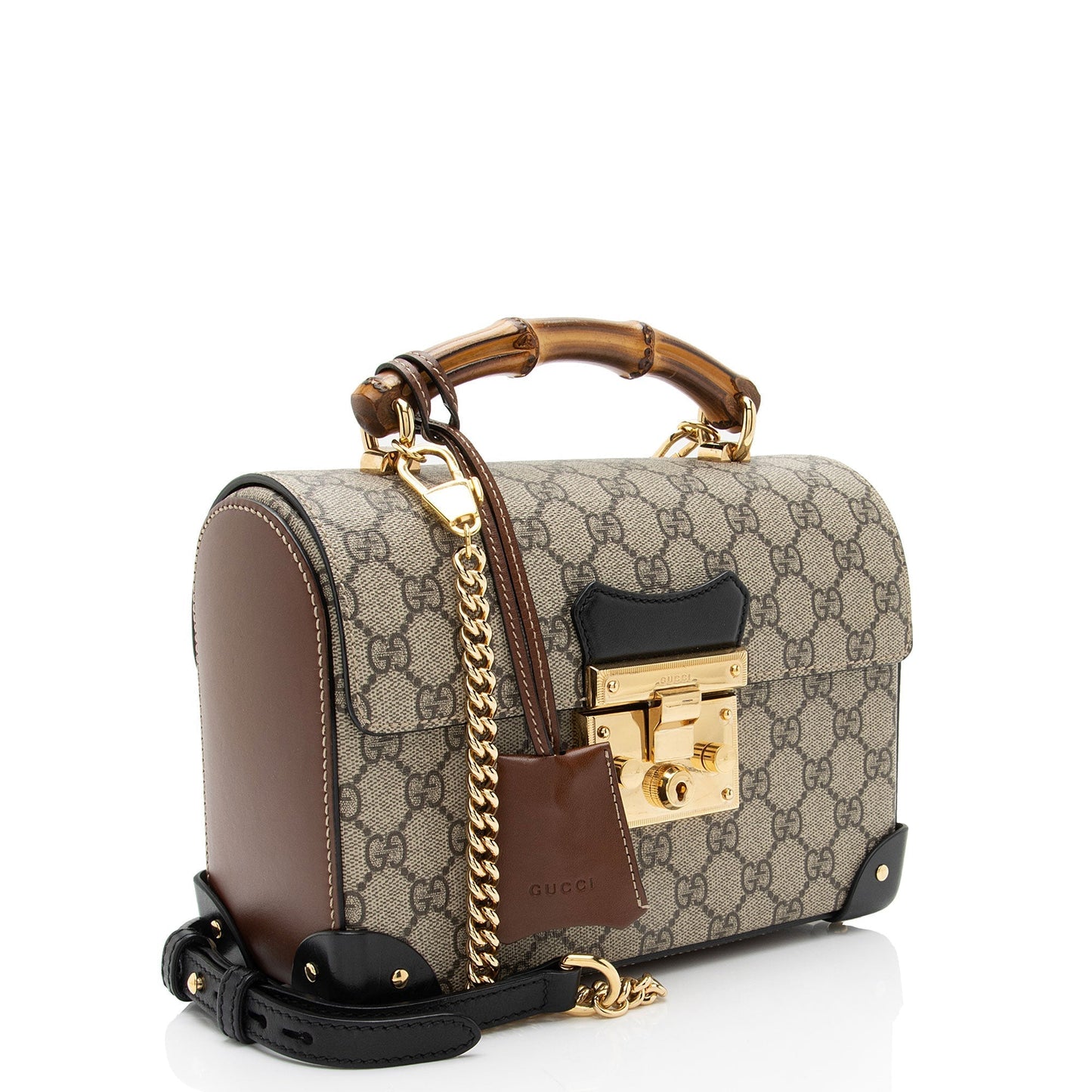 Gucci GG Supreme Bamboo Padlock Top Leather Canvas Black Brown Satchel Bag
