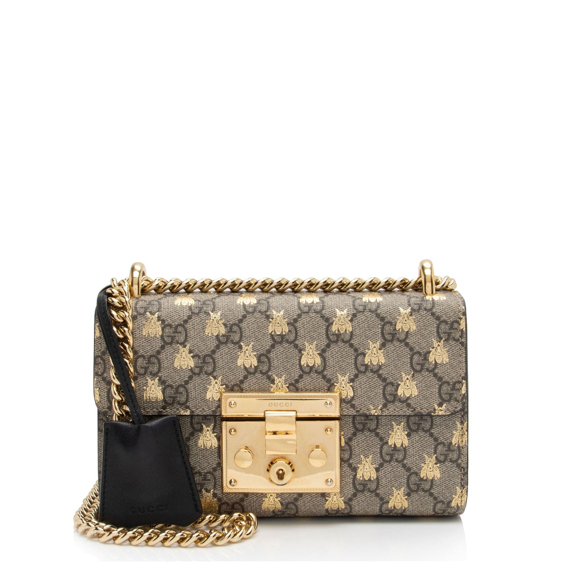 Gucci GG Supreme Bee Padlock SHF-3QPOYF Leather Canvas Black Beige Crossbody Bag