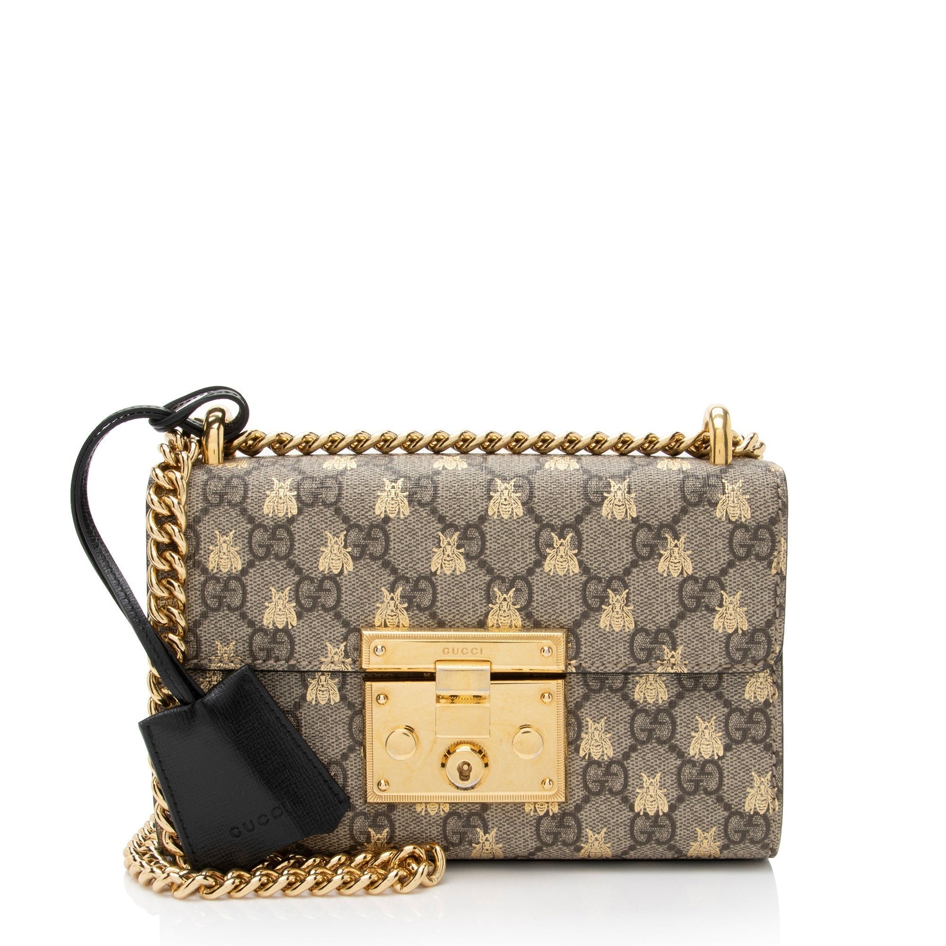 Gucci GG Supreme Bee Padlock Leather Canvas Black Beige Shoulder Bag