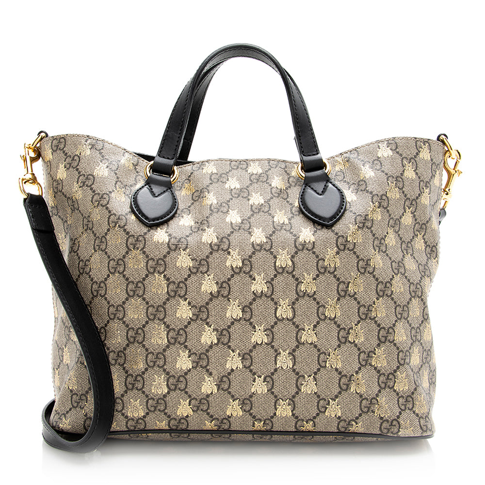 Gucci GG Supreme Bee Soft SHF Leather Canvas Black Beige Tote Bag