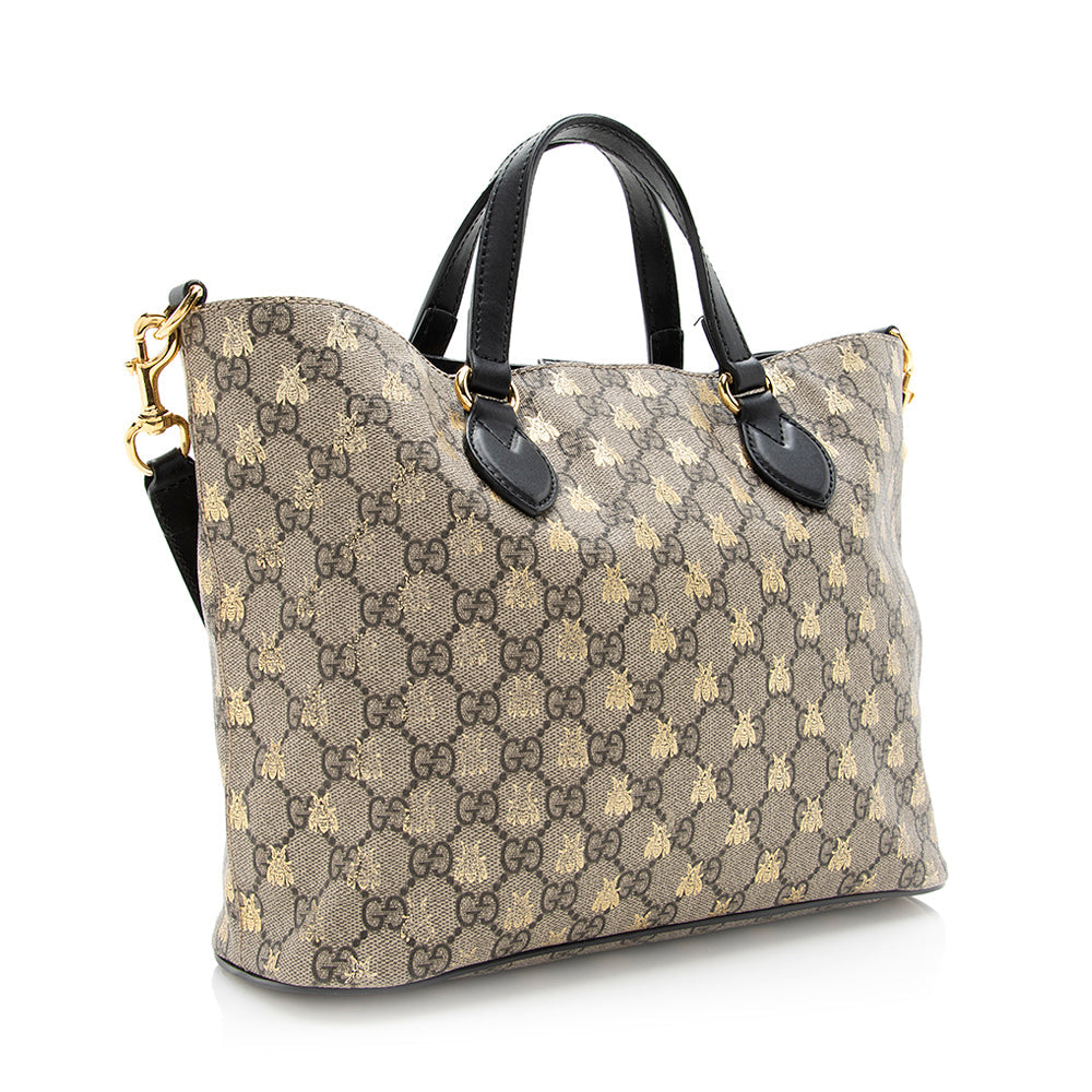 Gucci GG Supreme Bee Soft SHF Leather Canvas Black Beige Tote Bag