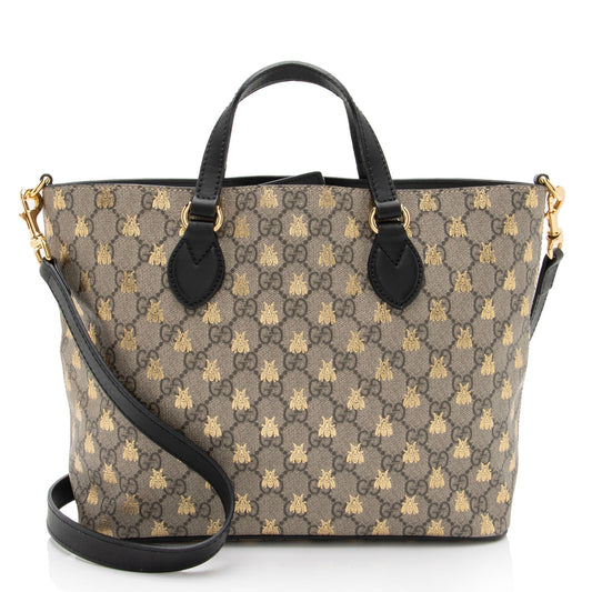 Gucci GG Supreme Bee Soft SHF-tdpAEz Leather Canvas Beige Gold Tote Bag