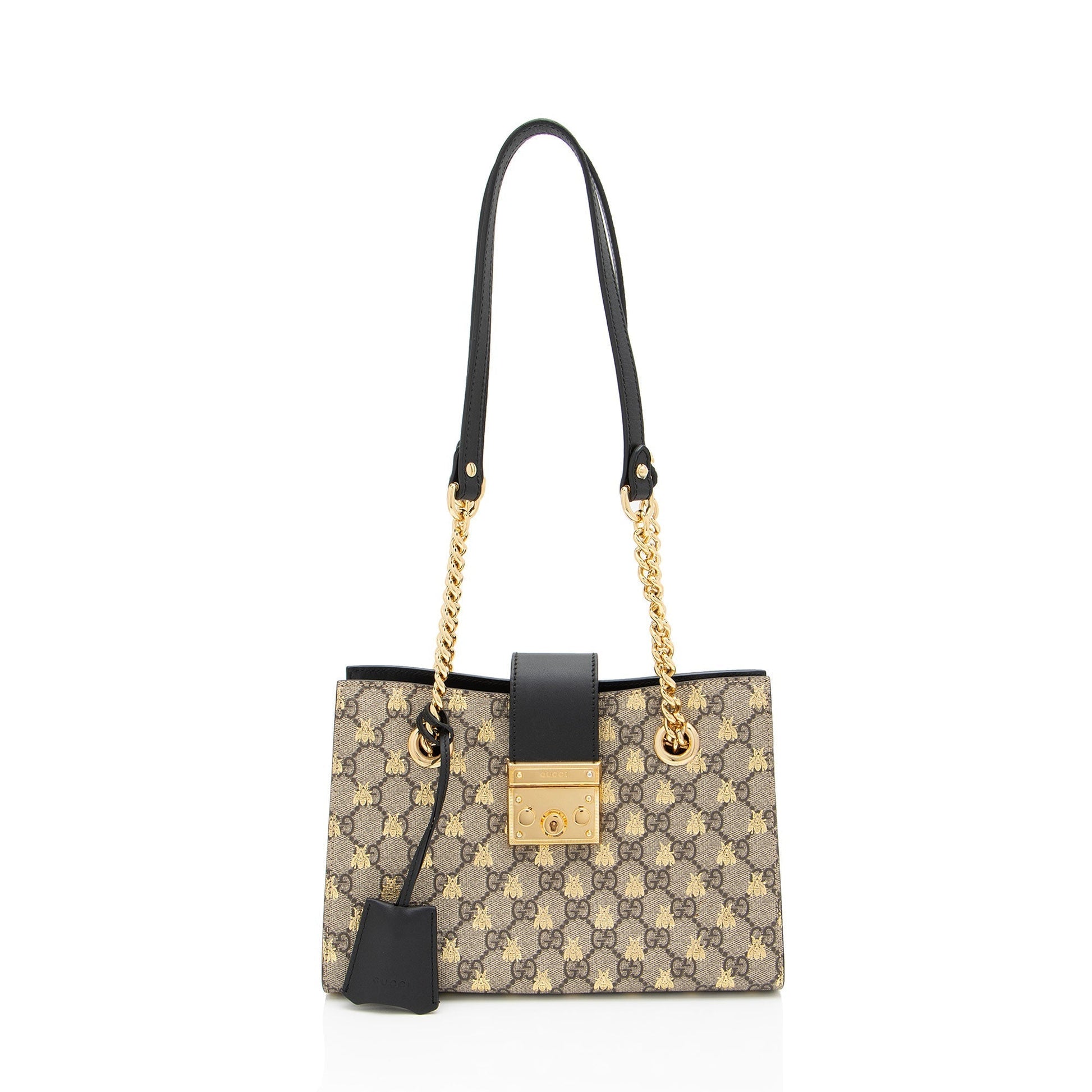 Gucci GG Supreme Bees Padlock SHF-FL3A48 Leather Canvas Black Beige Shoulder Bag