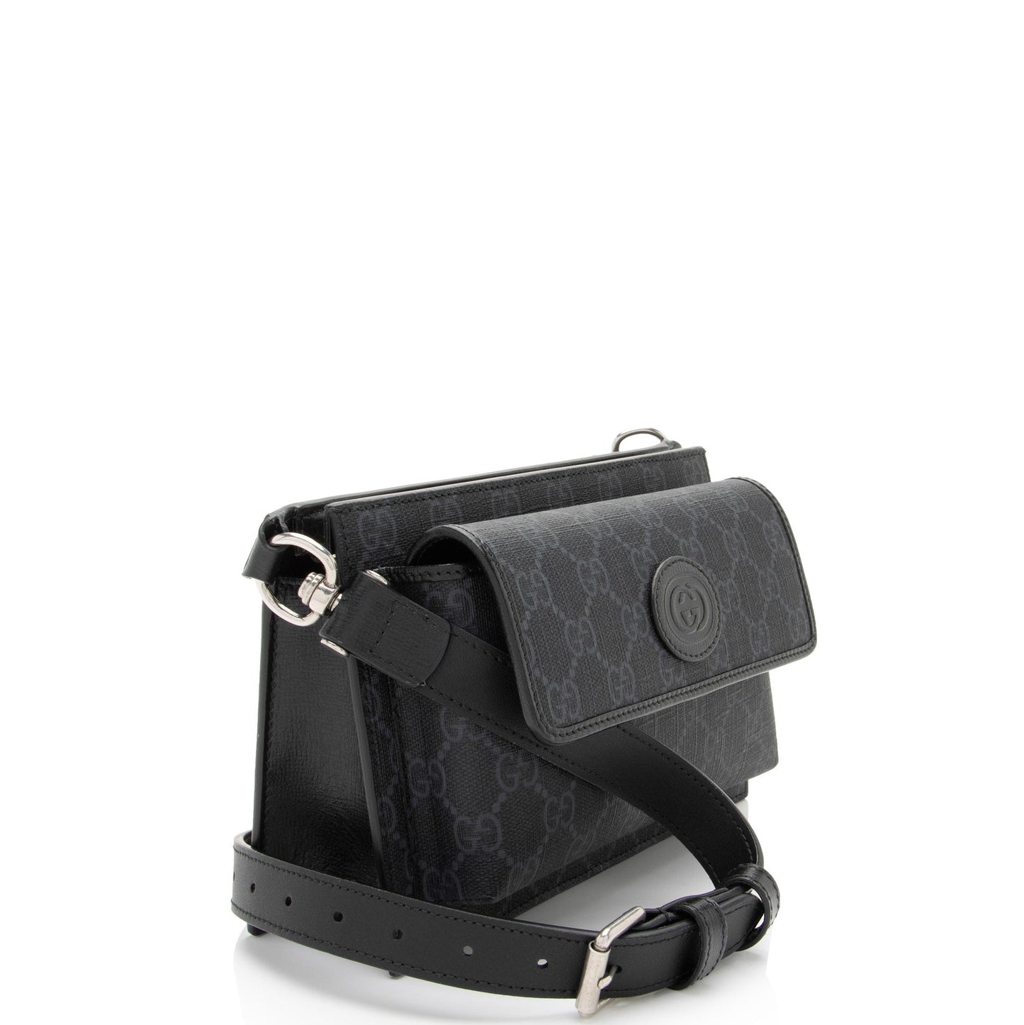 Gucci GG Supreme Flap Pocket Belt Leather Canvas Black Grey Accessory