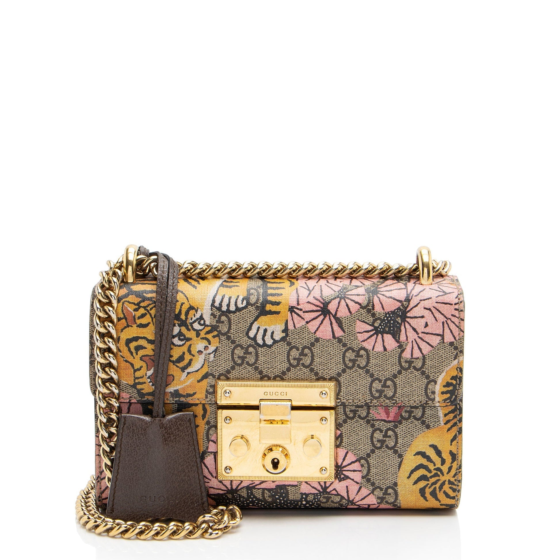 Gucci GG Supreme Bengal Tiger Padlock Leather Canvas Brown Beige Shoulder Bag