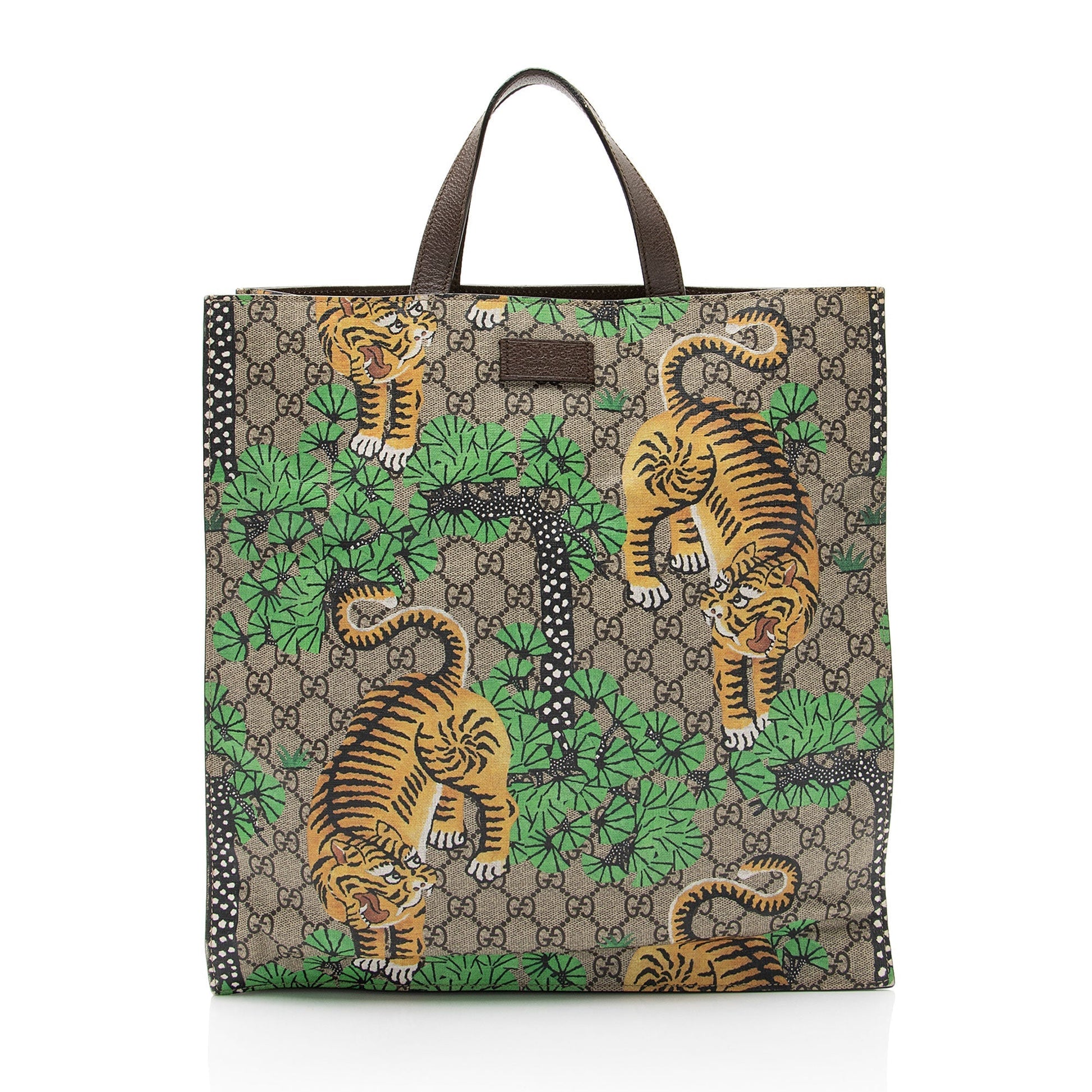 Gucci GG Supreme Bengal Tiger Leather Canvas Brown Beige Tote Bag