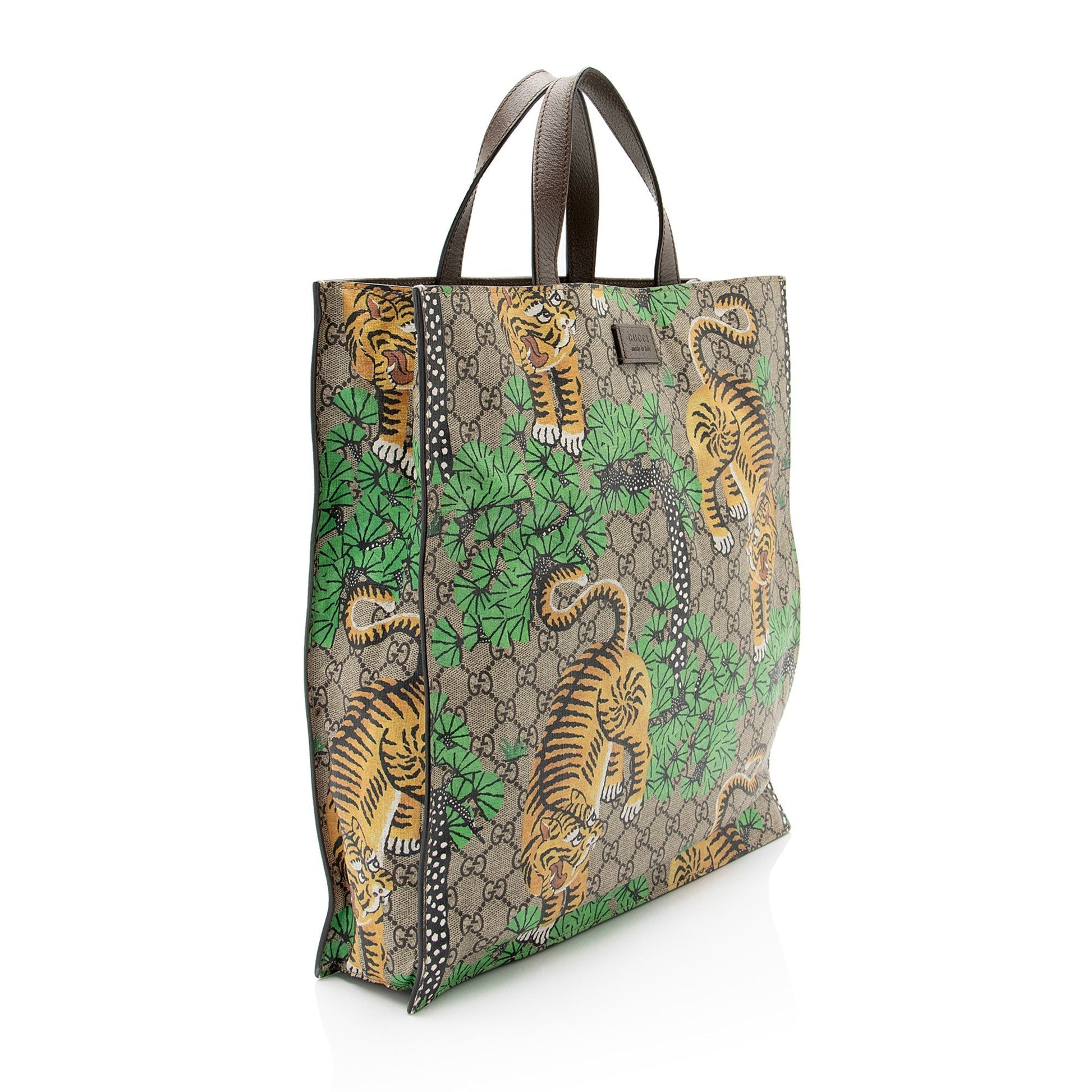 Gucci GG Supreme Bengal Tiger Leather Canvas Brown Beige Tote Bag