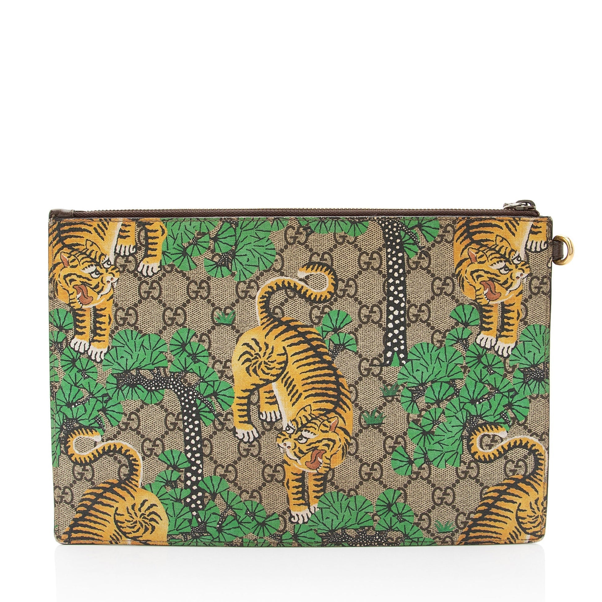 Gucci GG Supreme Bengal Tiger Zip Leather Canvas Brown Clutch Bag