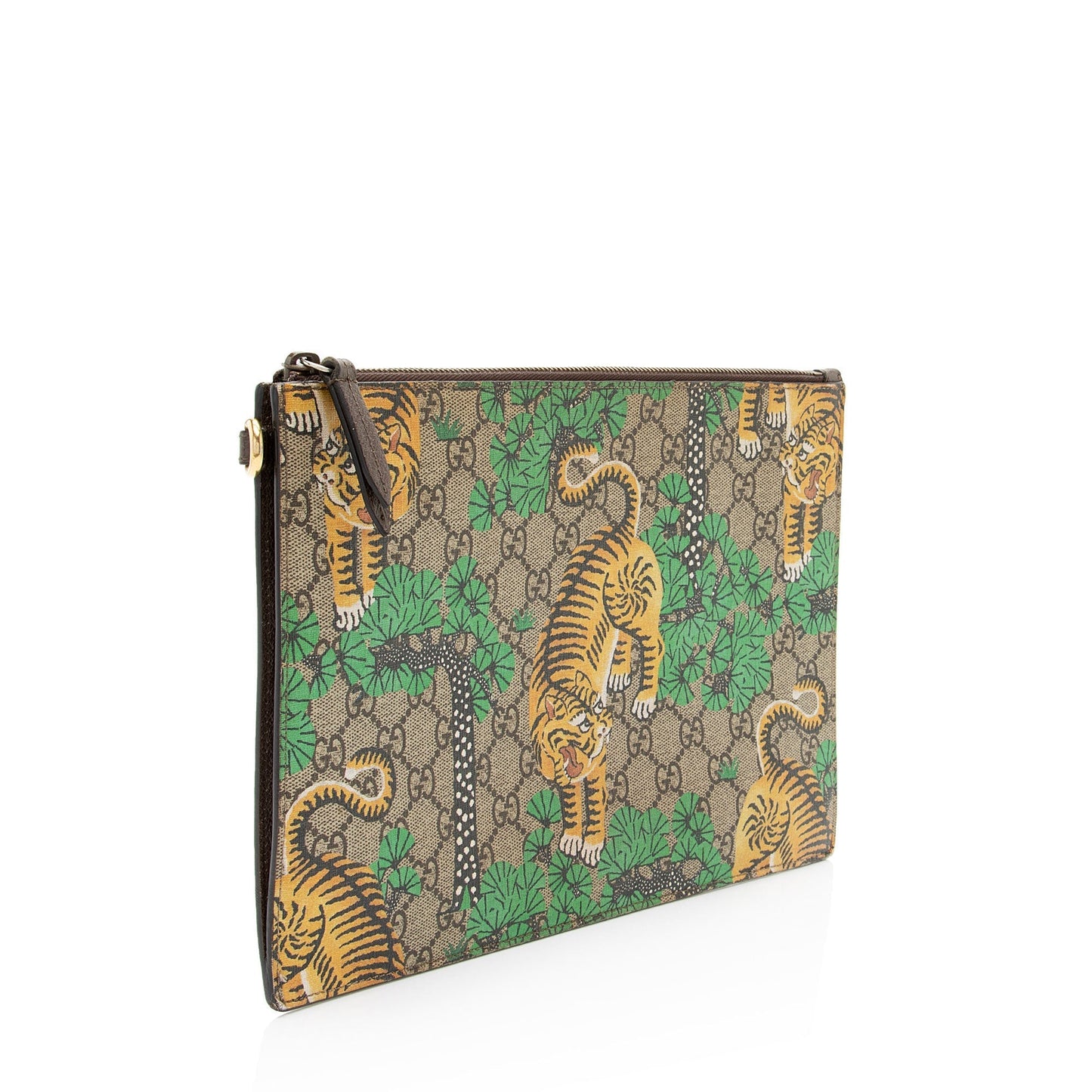 Gucci GG Supreme Bengal Tiger Zip Leather Canvas Brown Clutch Bag