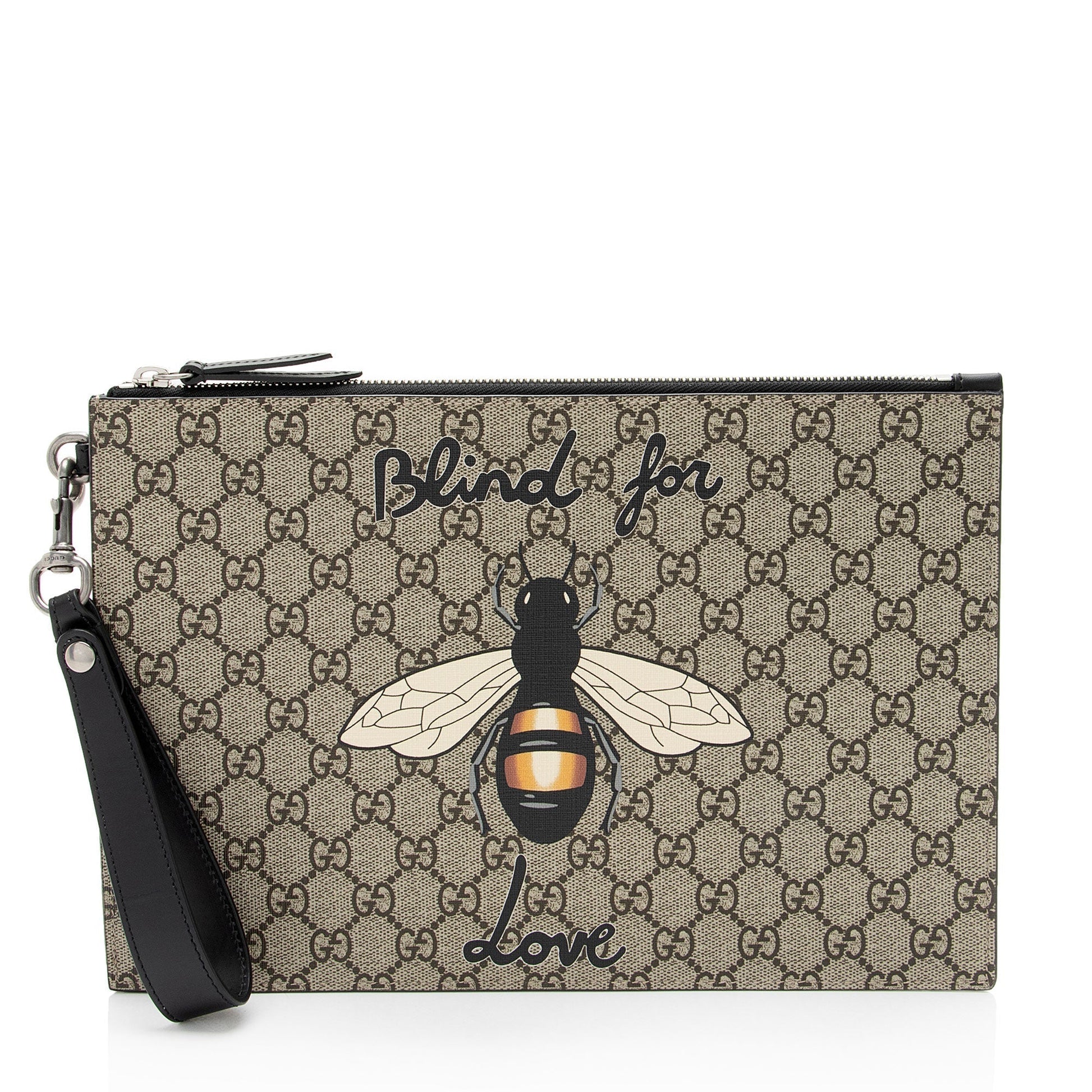 Gucci GG Supreme Blind Love Wristlet Leather Canvas Black Brown Clutch Bag