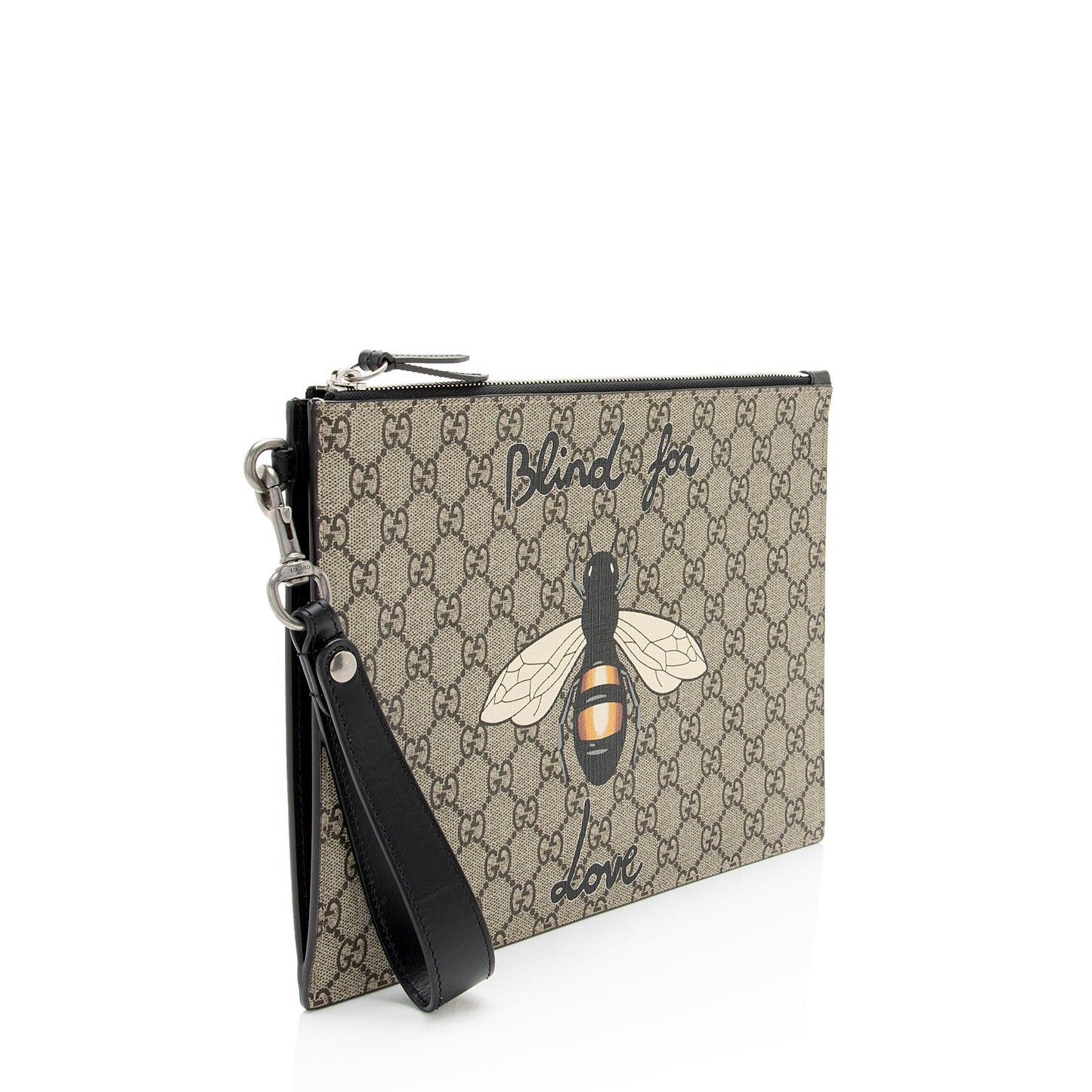 Gucci GG Supreme Blind Love Wristlet Leather Canvas Black Brown Clutch Bag