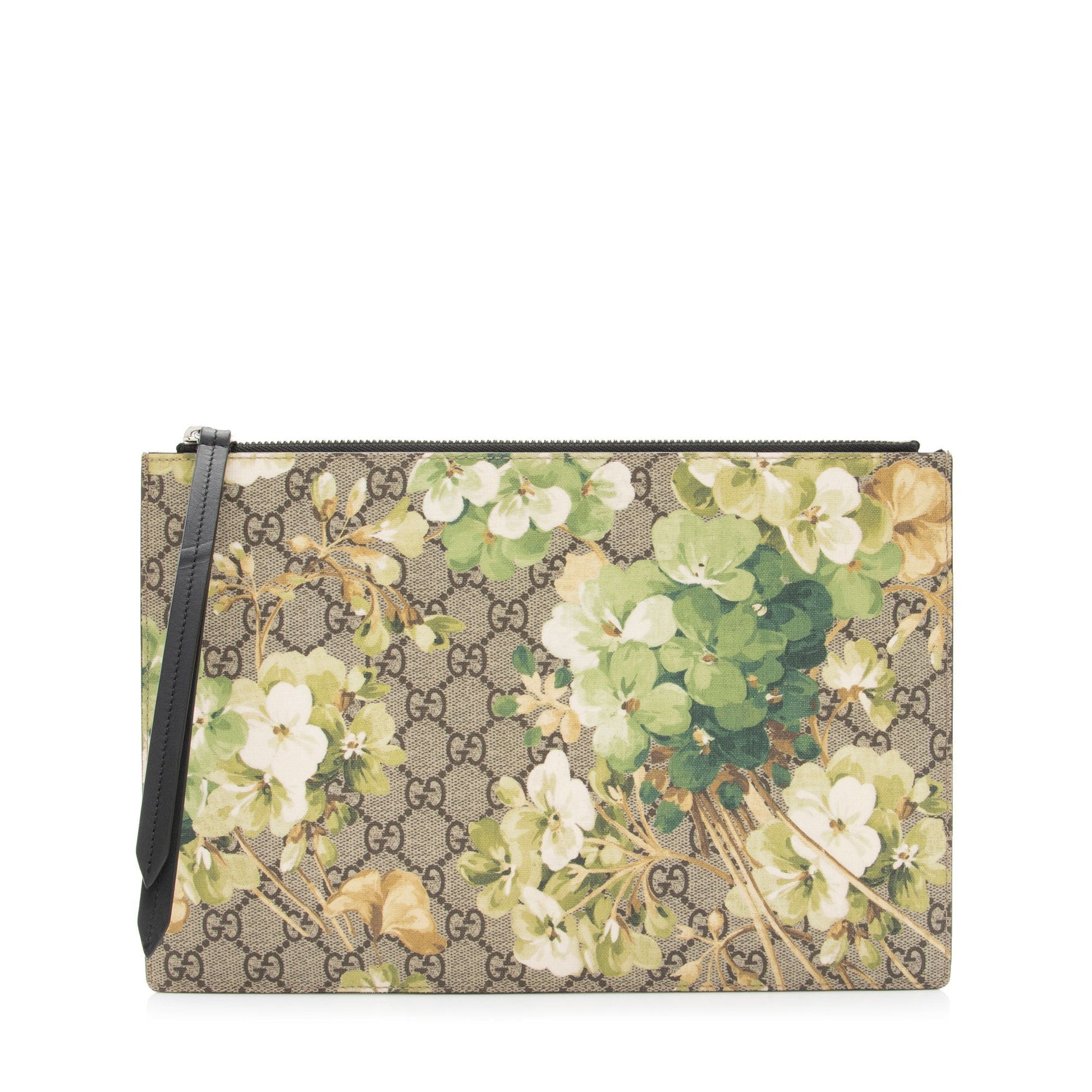 Gucci GG Supreme Blooms Pouch SHF-hBZimk Leather Canvas Beige Large Clutch Bag
