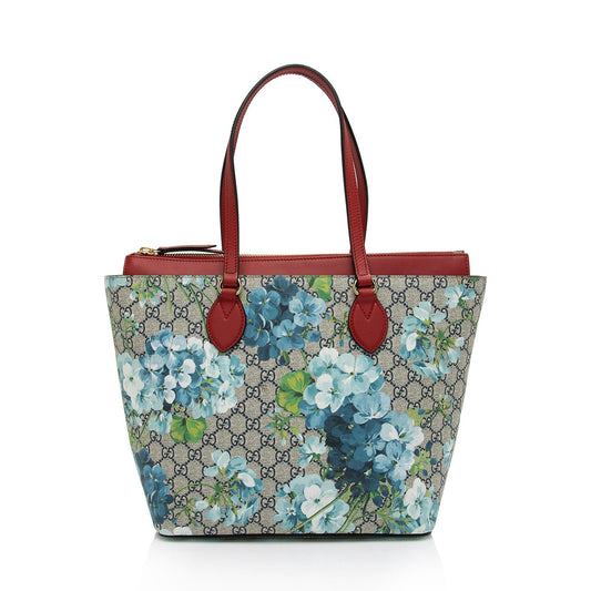 Gucci GG Supreme Blooms Zip SHF-qDfhoQ Leather Canvas Blue Red Tote Bag