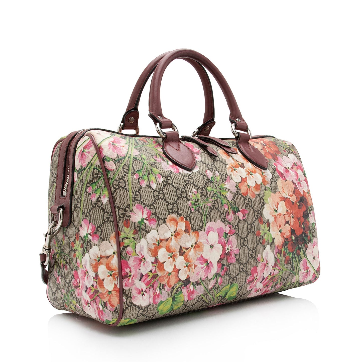 Gucci GG Supreme Blooms Boston SHF-Nm9g8A Leather Canvas Brown Pink Satchel Bag