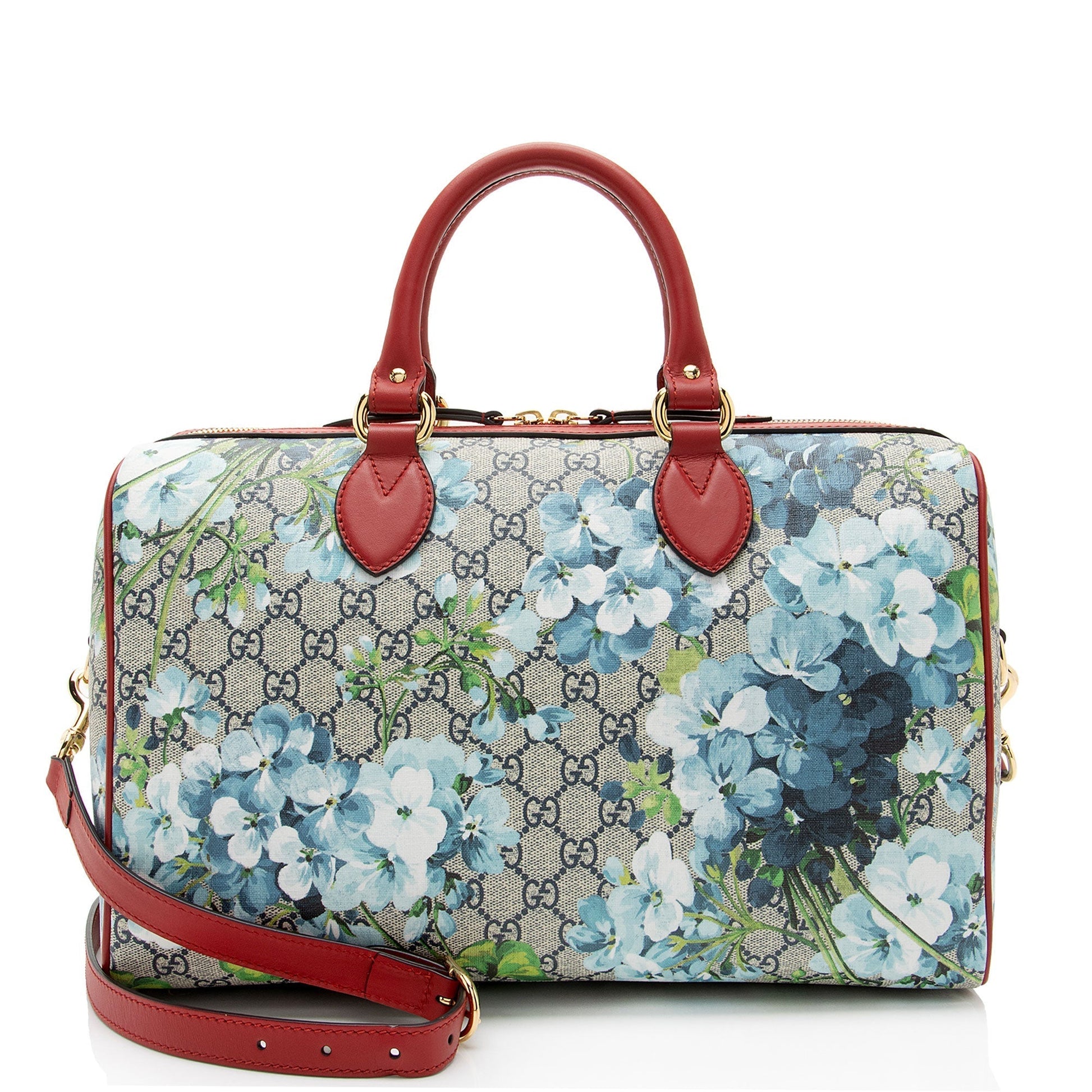 Gucci GG Supreme Blooms Boston SHF-XceVYh Leather Canvas Beige Blue Satchel Bag