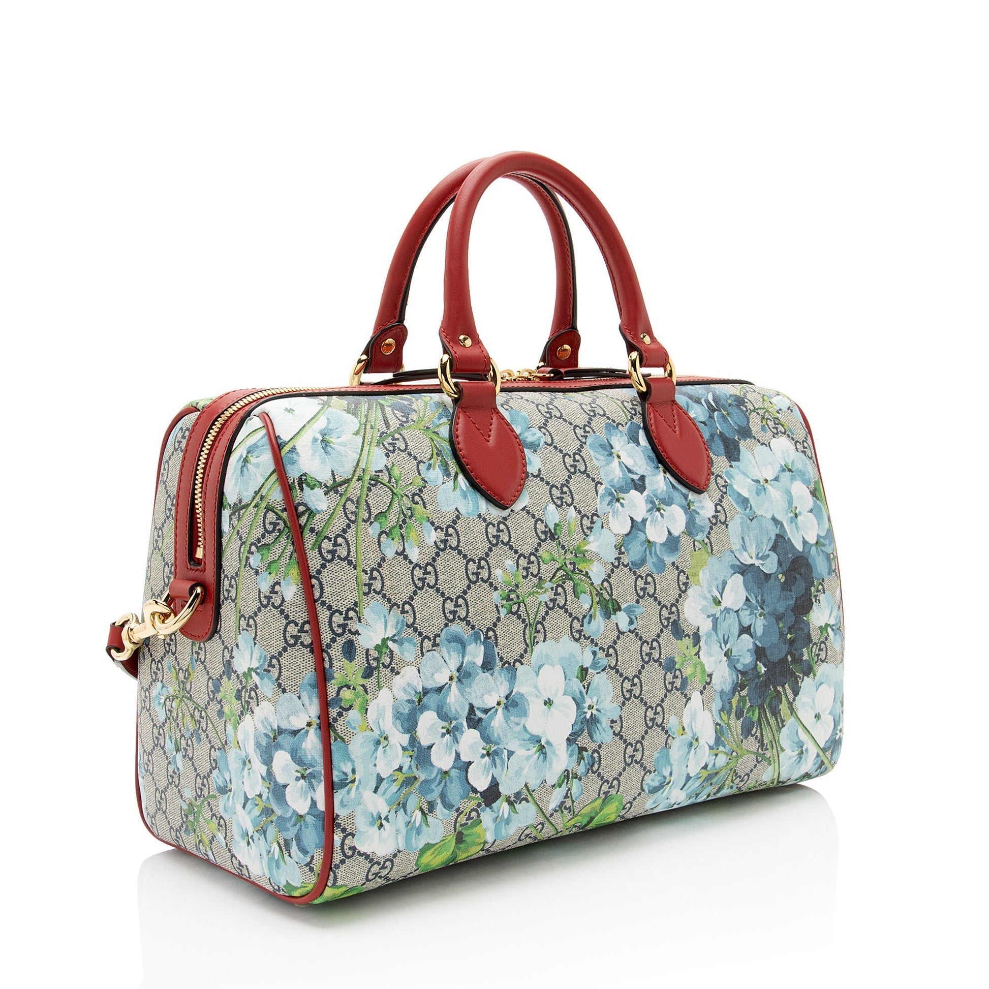 Gucci GG Supreme Blooms Boston SHF-XceVYh Leather Canvas Beige Blue Satchel Bag