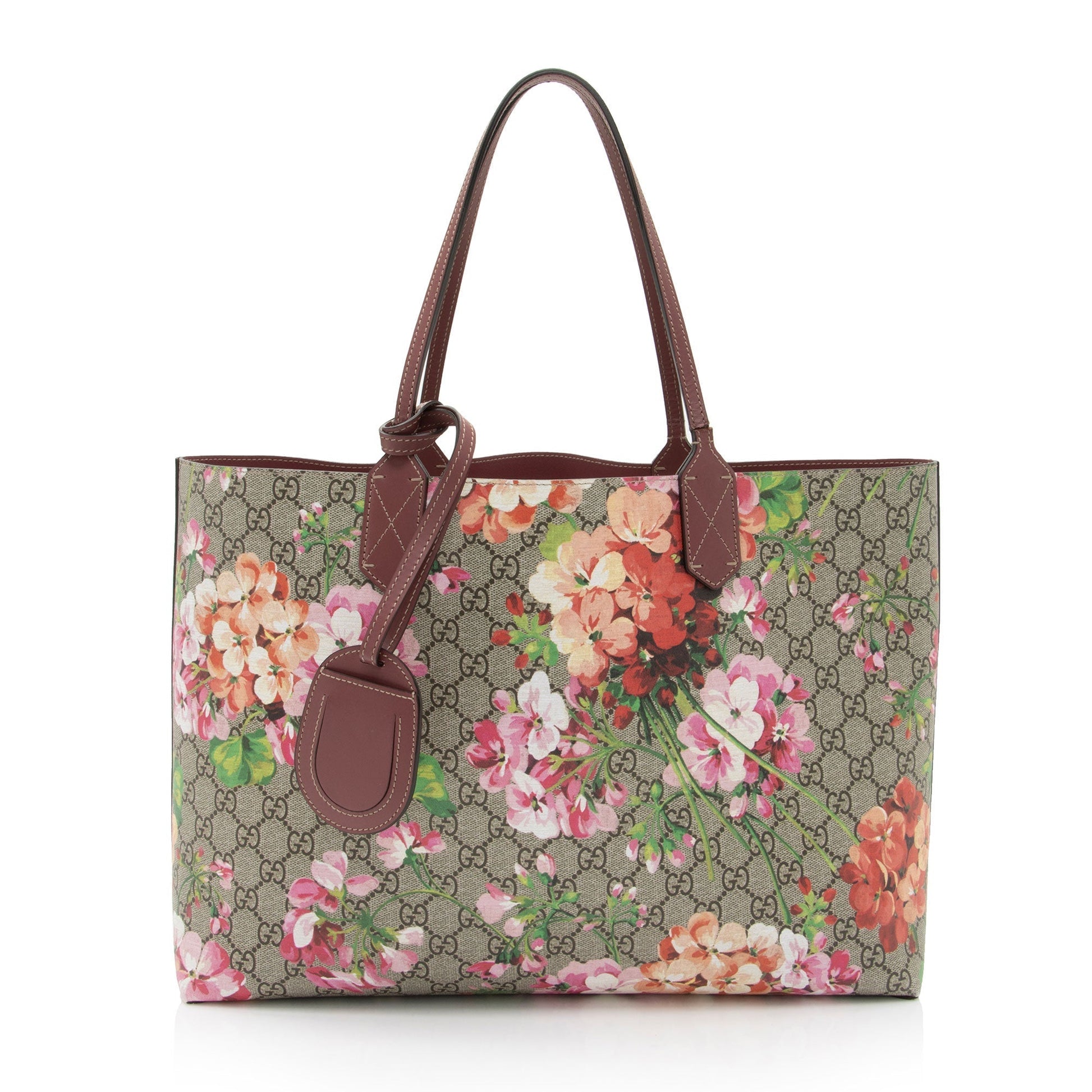 Gucci GG Supreme Blooms Reversible - Leather Canvas Brown Pink Tote Bag