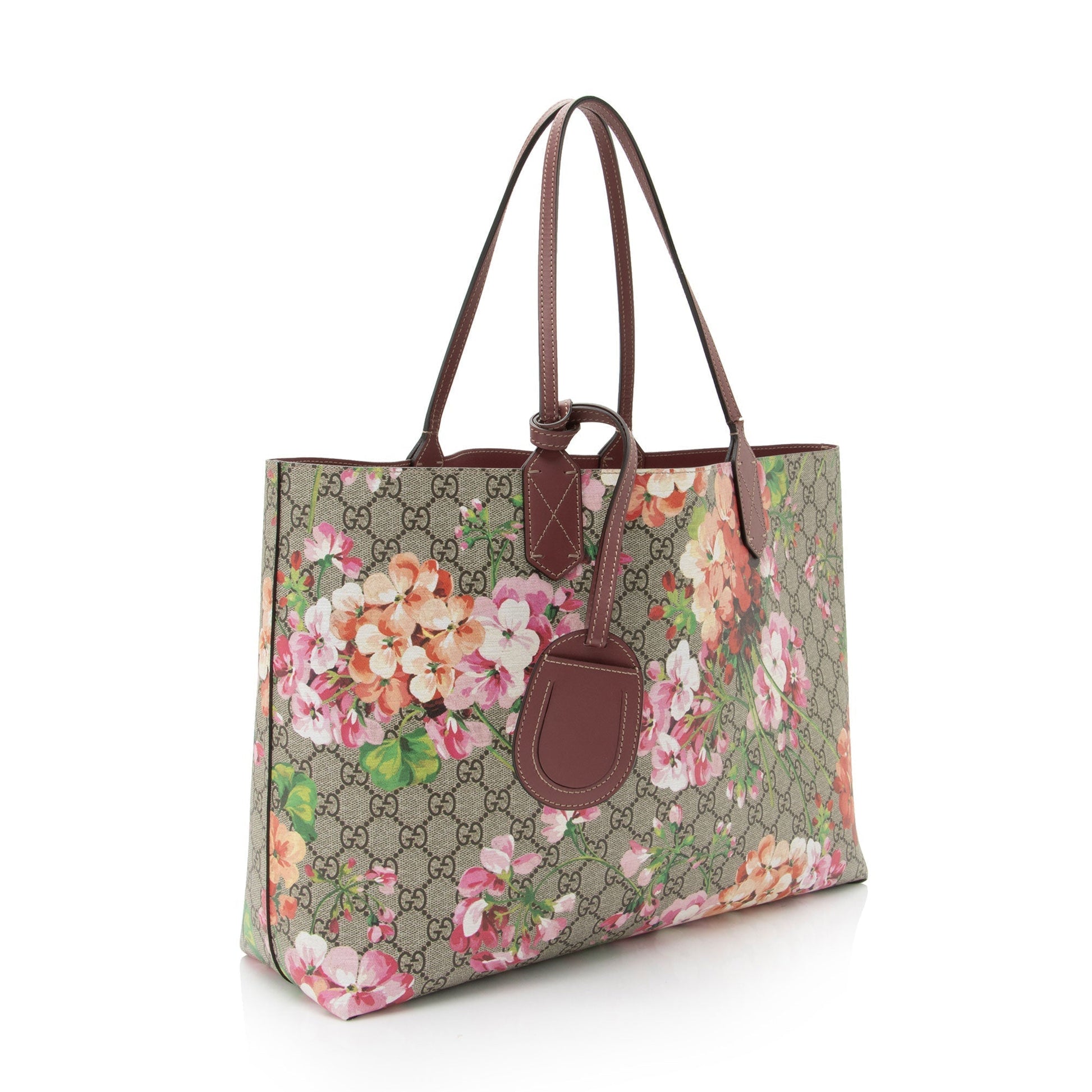 Gucci GG Supreme Blooms Reversible - Leather Canvas Brown Pink Tote Bag