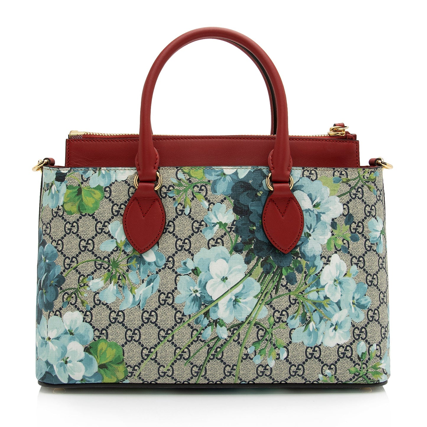 Gucci GG Supreme Blooms Zip SHF Leather Canvas Beige Blue Tote Bag