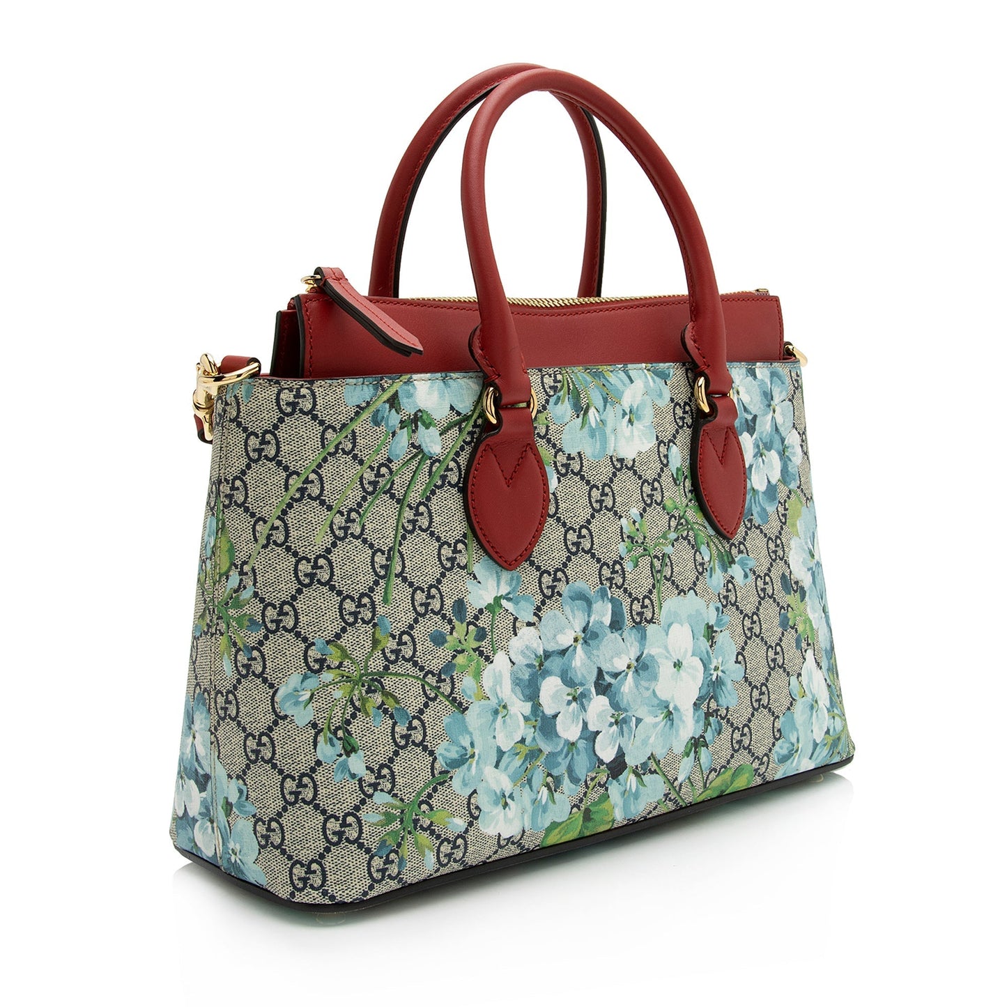 Gucci GG Supreme Blooms Zip SHF Leather Canvas Beige Blue Tote Bag