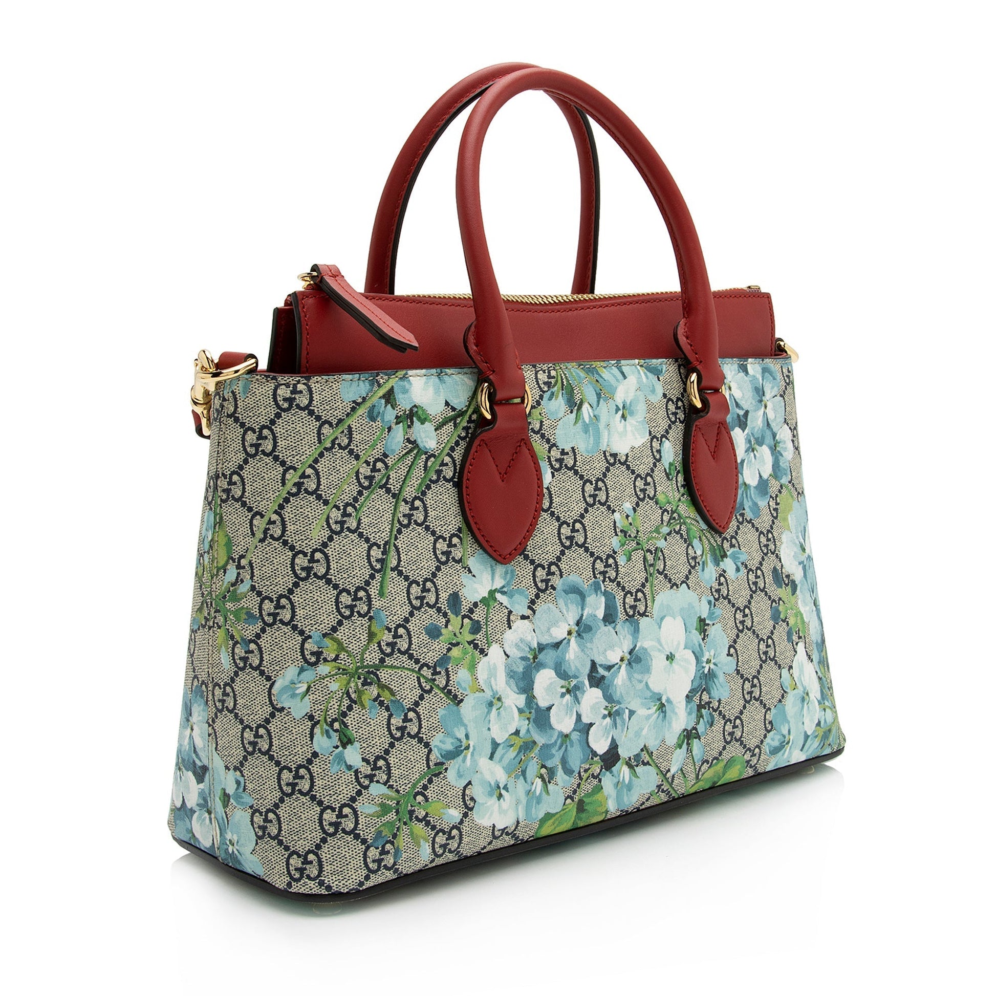 Gucci GG Supreme Blooms Zip SHF Leather Canvas Beige Blue Tote Bag