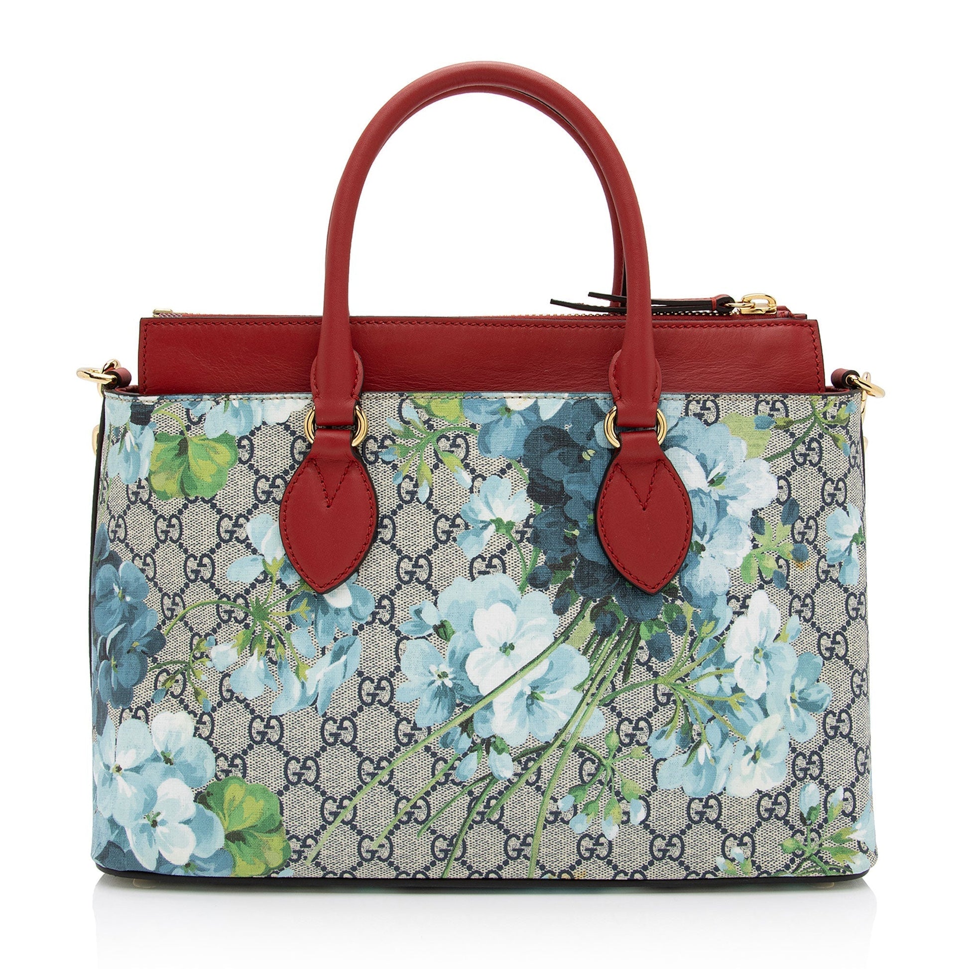 Gucci GG Supreme Blooms Zip Leather Canvas Beige Blue Tote Bag