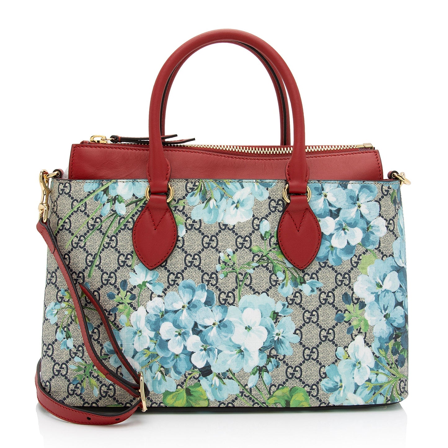 Gucci GG Supreme Blooms Zip Leather Canvas Beige Blue Tote Bag