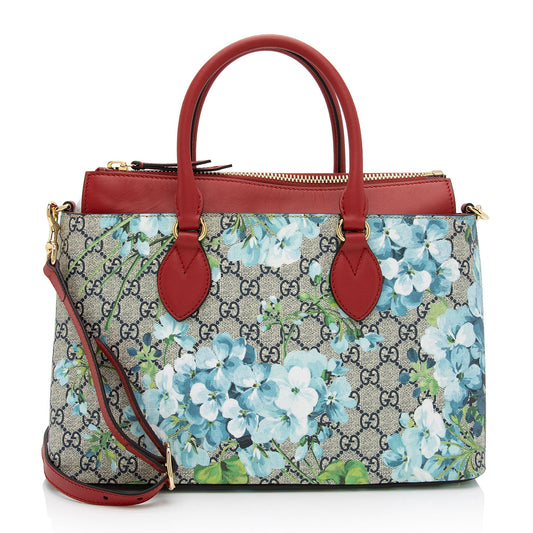 Gucci GG Supreme Blooms Zip Leather Canvas Beige Blue Tote Bag