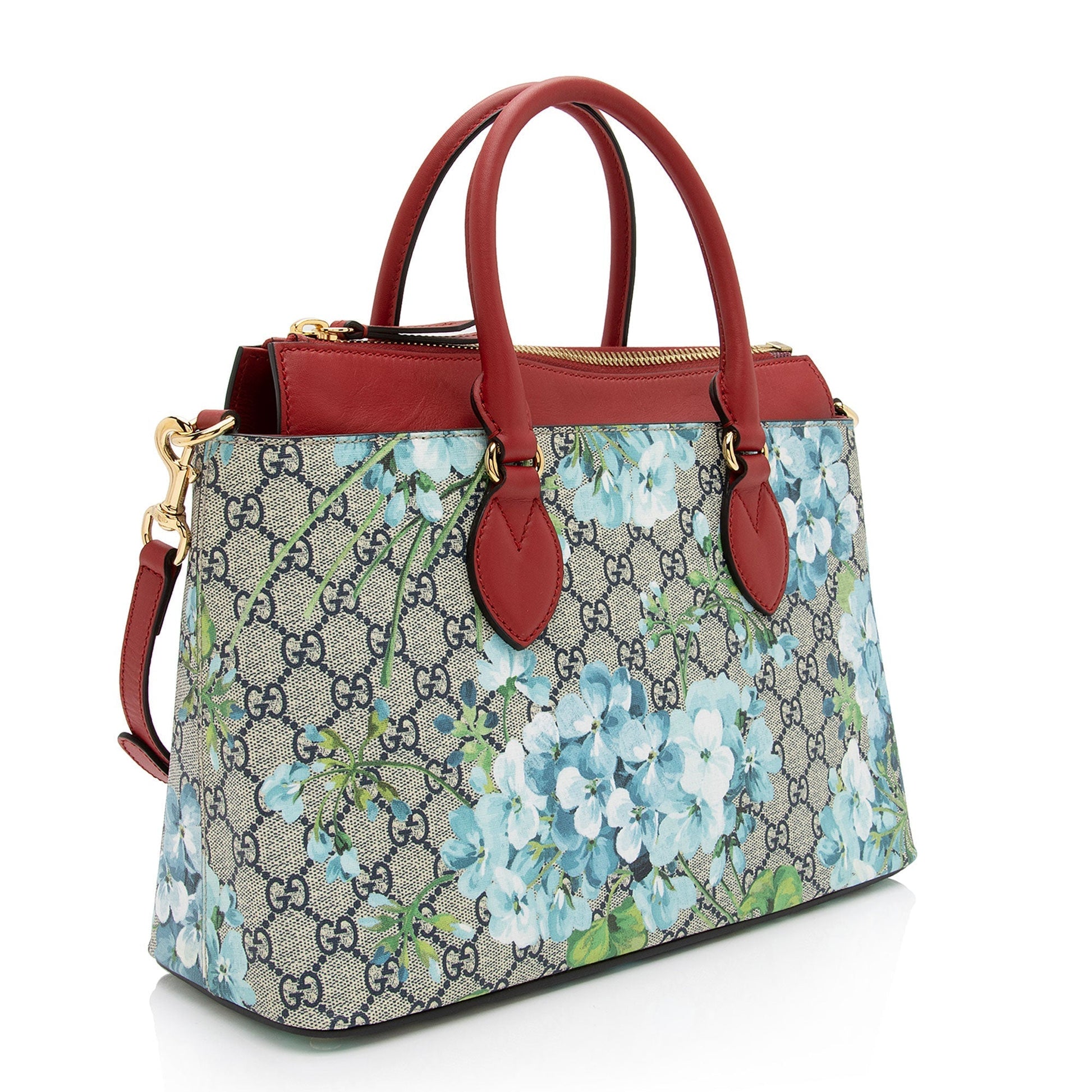 Gucci GG Supreme Blooms Zip Leather Canvas Beige Blue Tote Bag