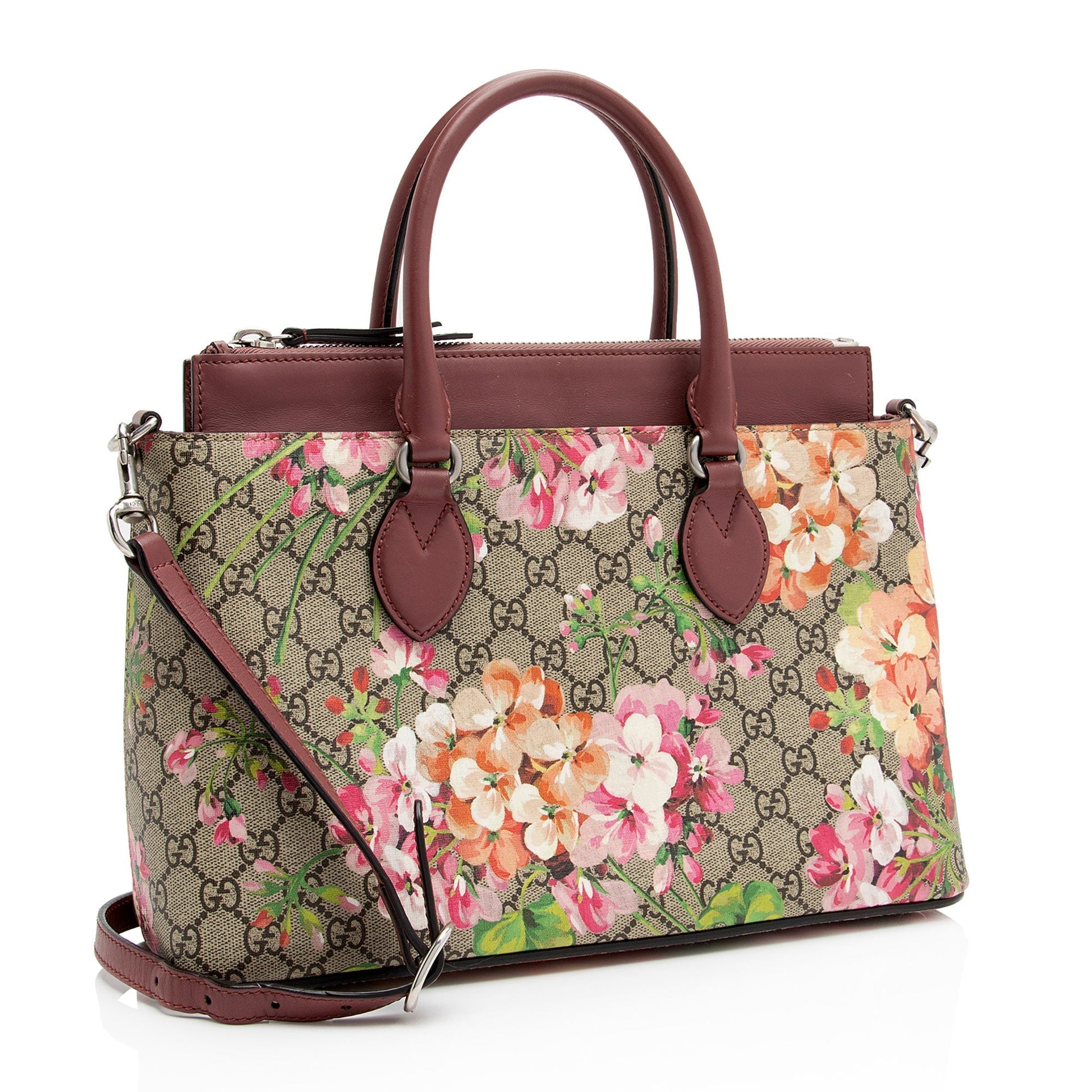 Gucci GG Supreme Blooms Zip SHF-3qKJ2x Leather Canvas Beige Pink Tote Bag