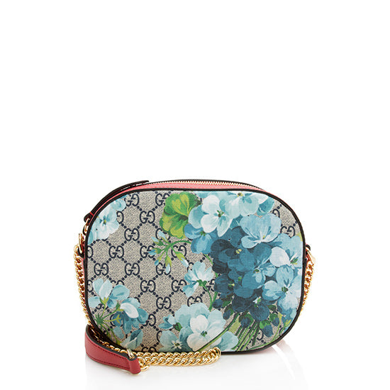 Gucci GG Supreme Blooms Chain SHF Leather Canvas Beige Blue Crossbody Bag Bag Shf