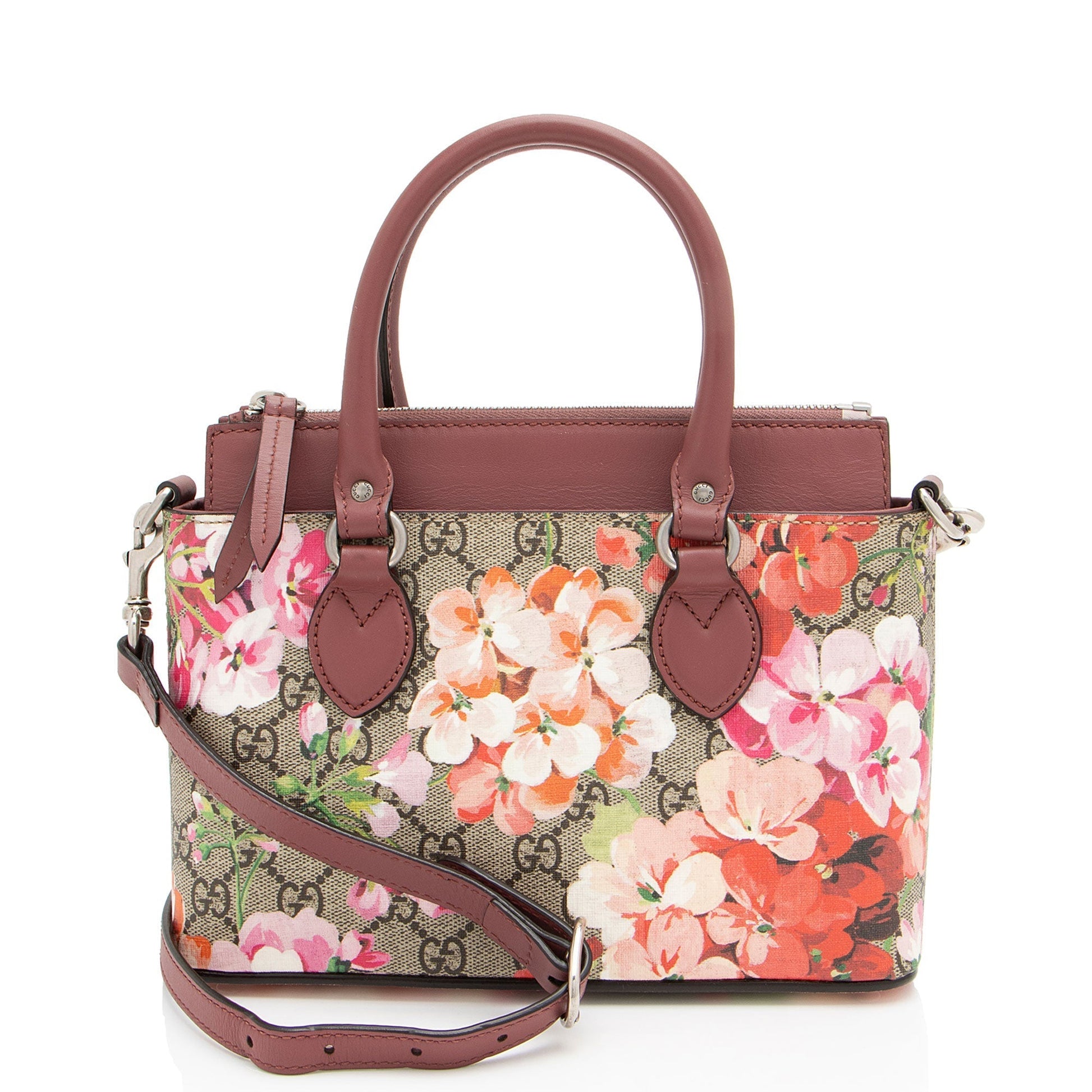 Gucci GG Supreme Blooms Zip Leather Canvas Beige Pink Tote Bag
