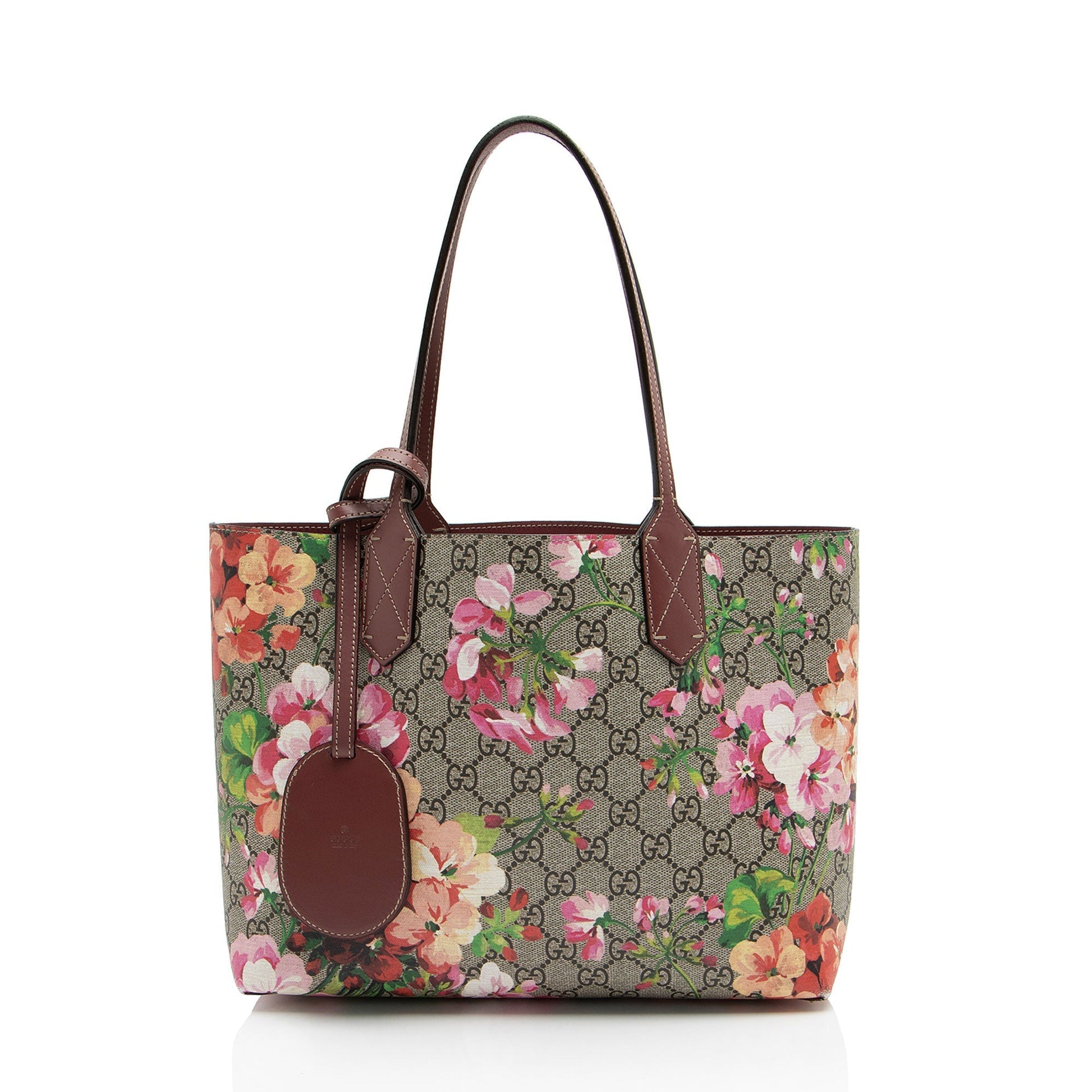 Gucci GG Supreme Blooms Reversible SHF-pljks3 Leather Canvas Brown Red Tote Bag