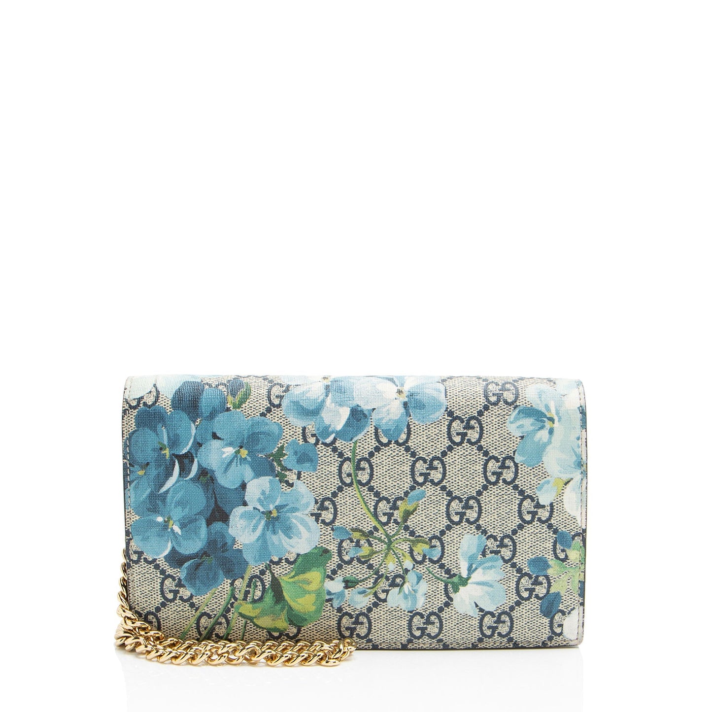 Gucci GG Supreme Blooms Wallet on Leather Canvas Beige Blue Crossbody Bag On Chain