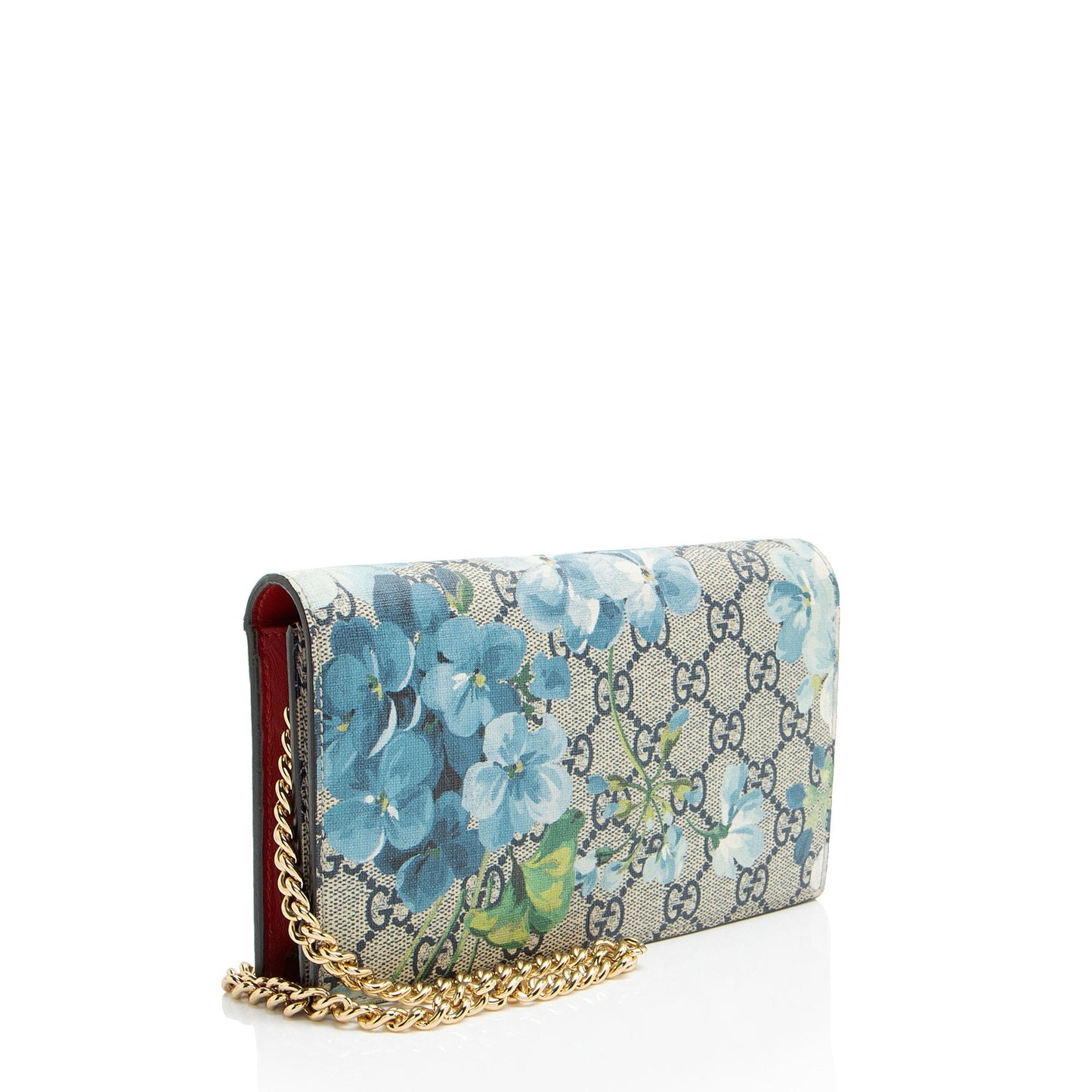 Gucci GG Supreme Blooms Wallet on Leather Canvas Beige Blue Crossbody Bag On Chain