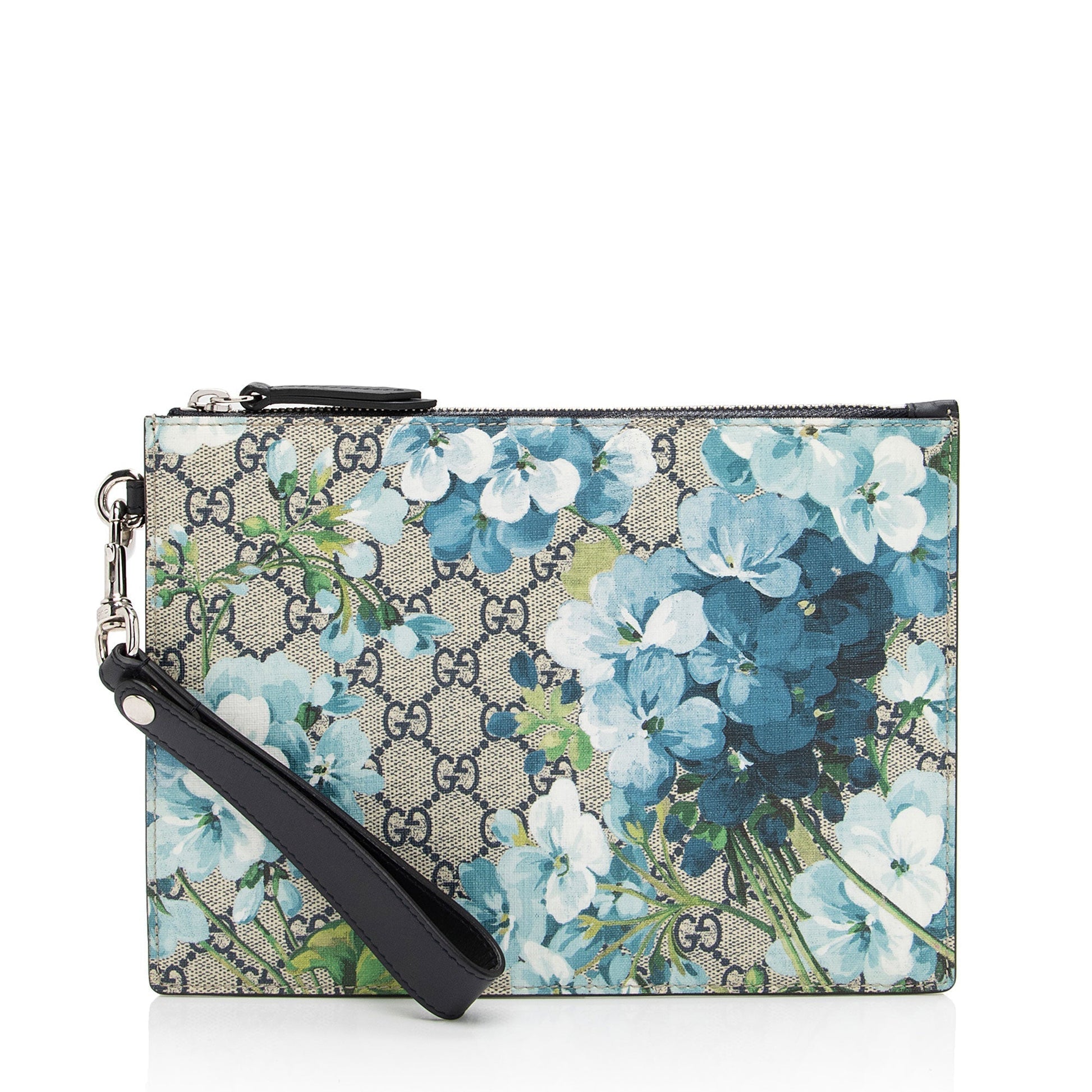 Gucci GG Supreme Blooms Wristlet SHF-eh4xS1 Leather Canvas Beige Blue Clutch Bag