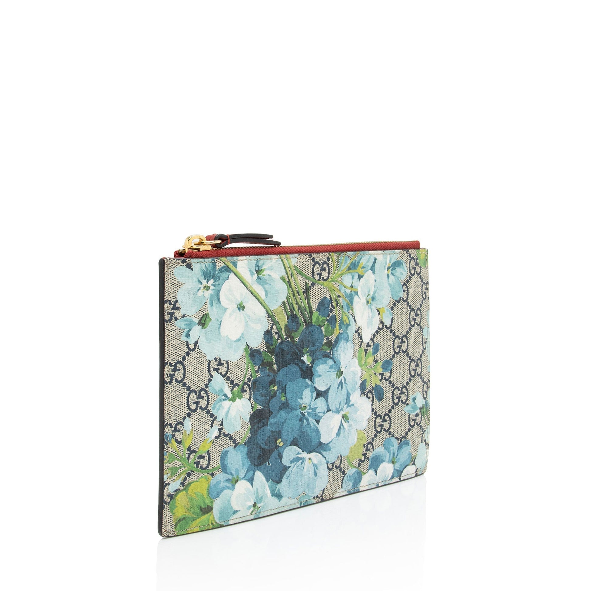Gucci GG Supreme Blooms Zip Pouch Leather Canvas Beige Blue Clutch Bag