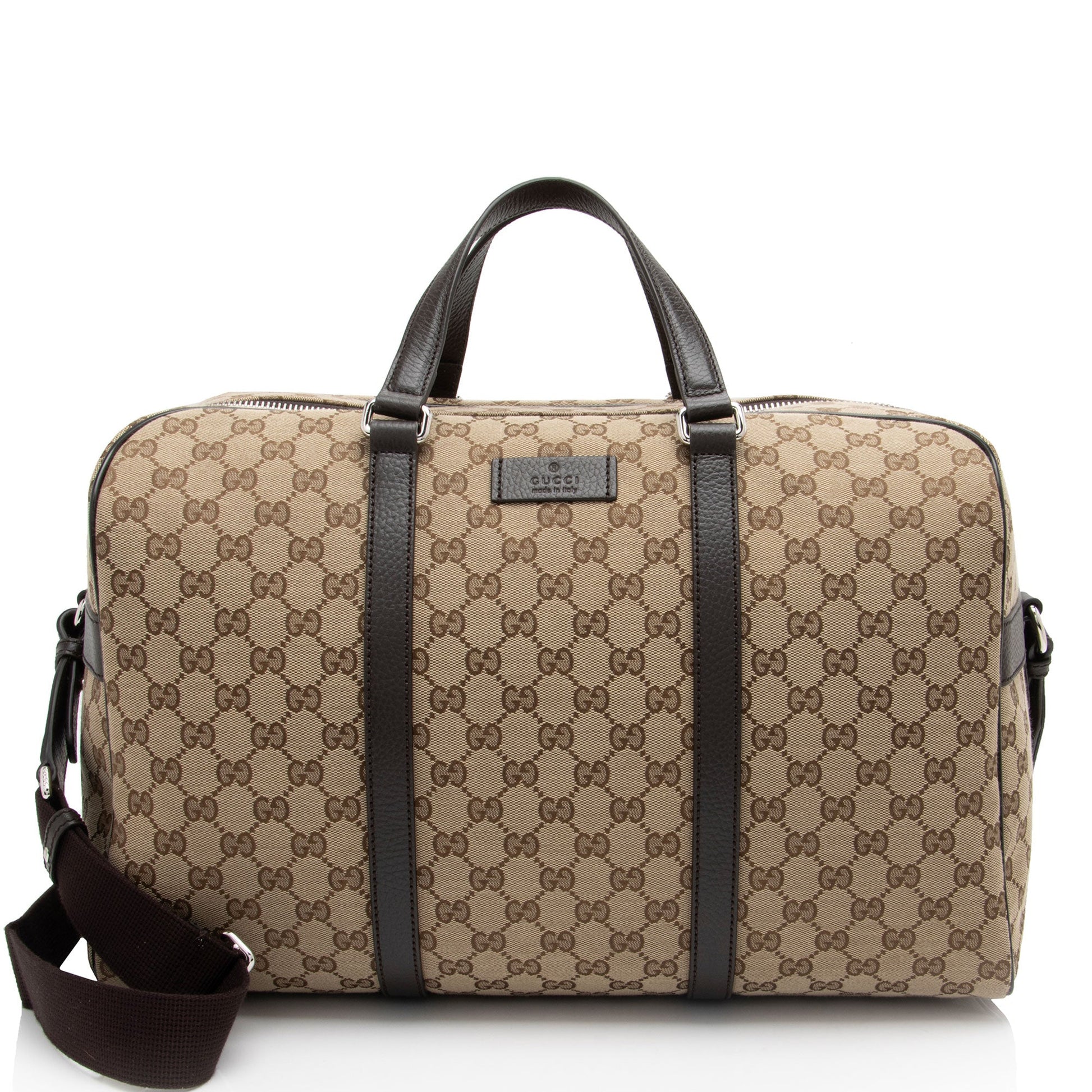 Gucci GG Duffle Leather Canvas Brown Beige Travel Bag