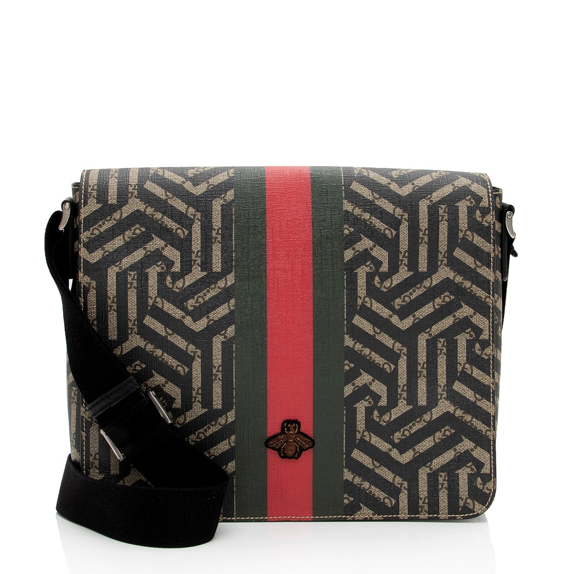 Gucci GG Supreme Caleido Web Messenger Leather Canvas Nylon Black Shoulder Bag