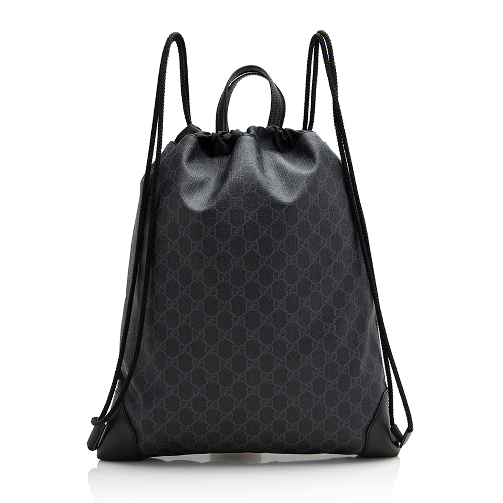 Gucci GG Supreme Drawstring Backpack SHF Leather Canvas Nylon Black Jewelry