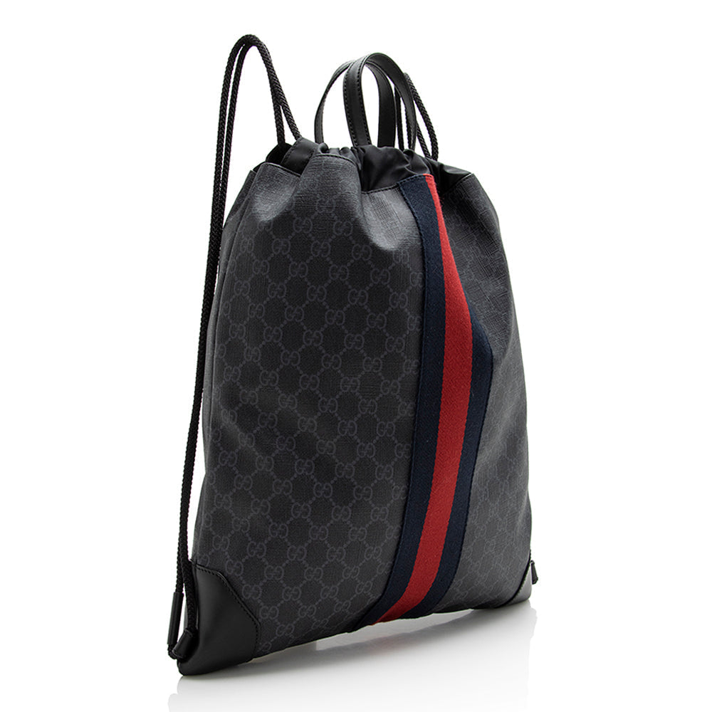 Gucci GG Supreme Drawstring Backpack SHF Leather Canvas Nylon Black Jewelry