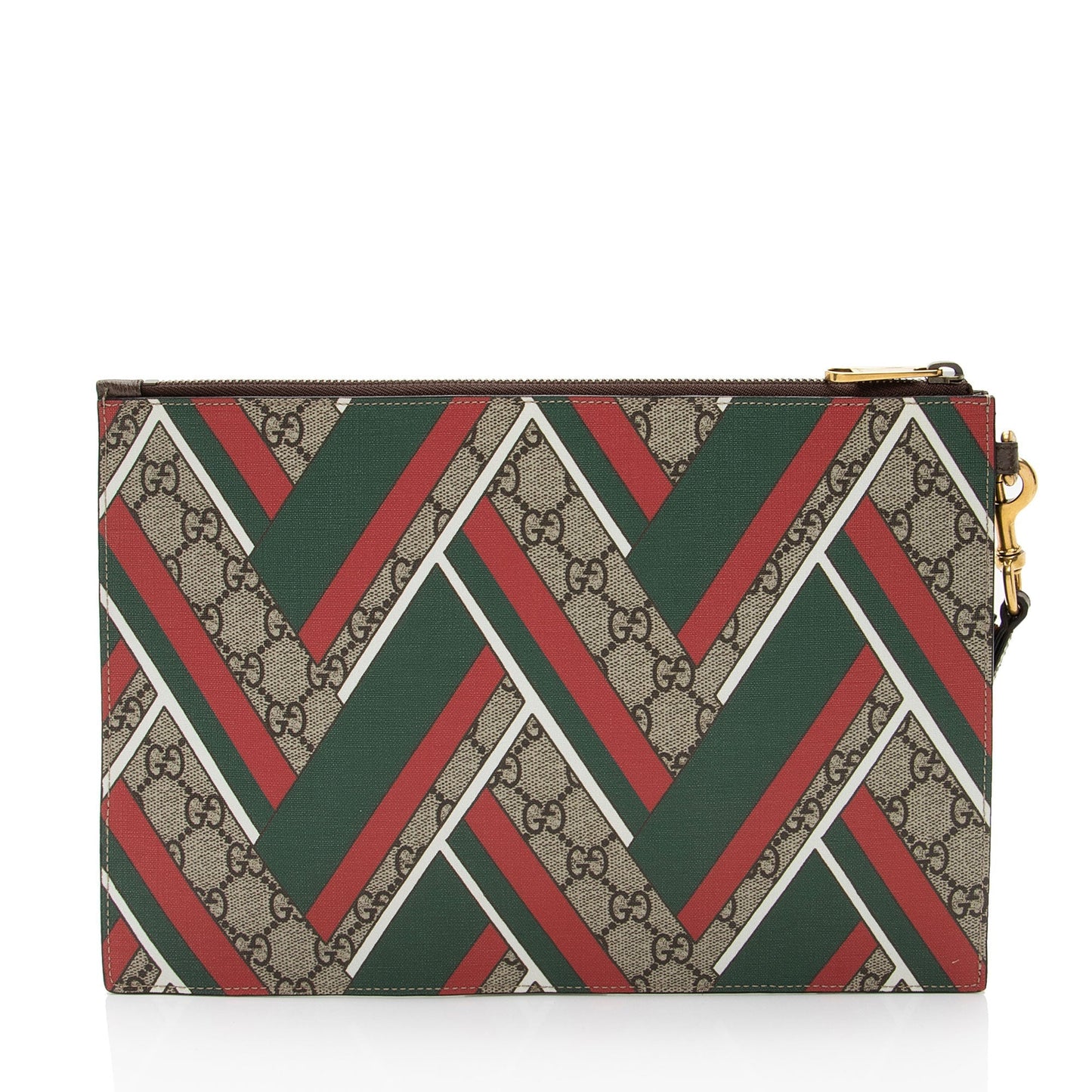 Gucci GG Supreme Chevron Zip Wristlet Leather Canvas White Brown Clutch Bag