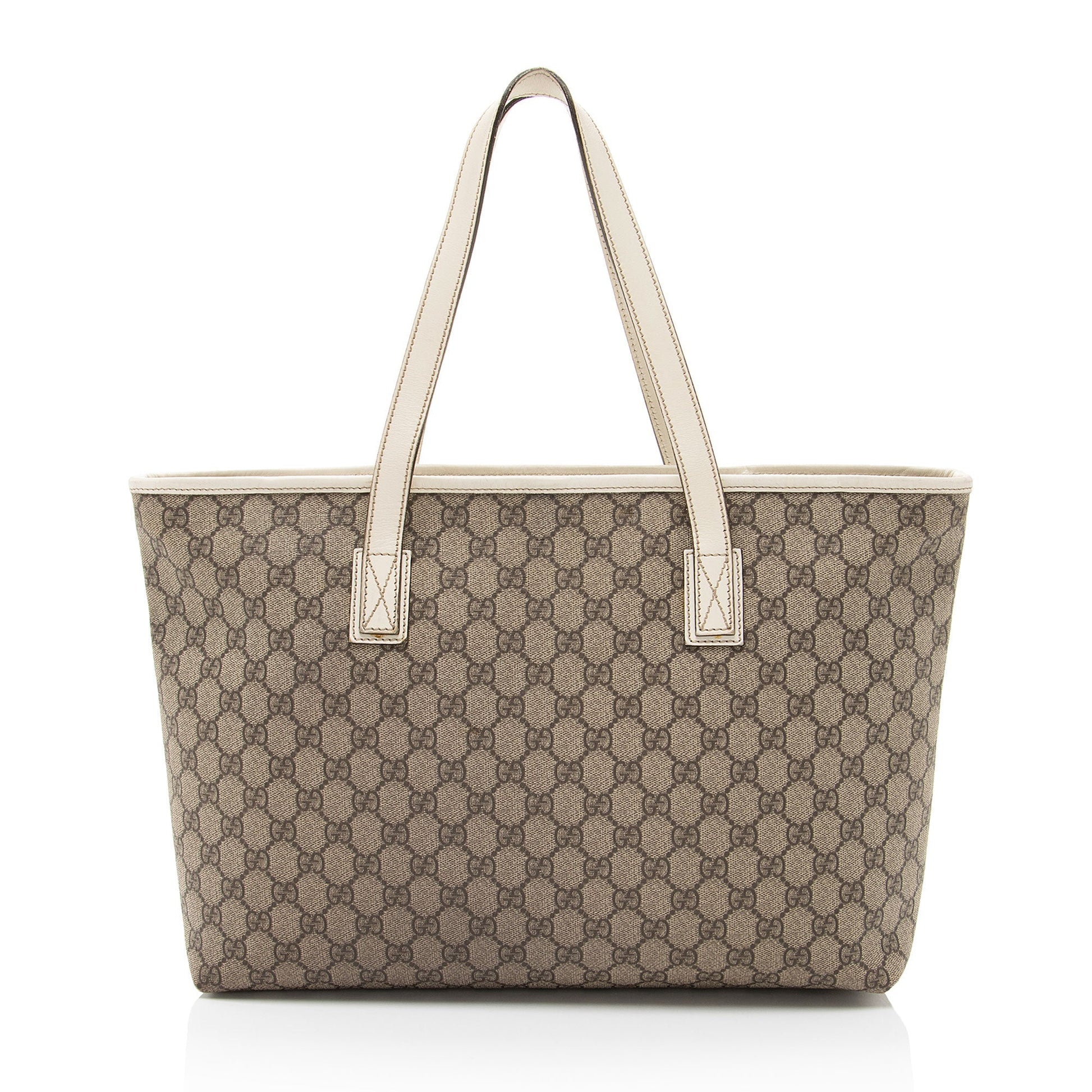 Gucci GG Supreme Classic Zip Leather Canvas White Brown Tote Bag
