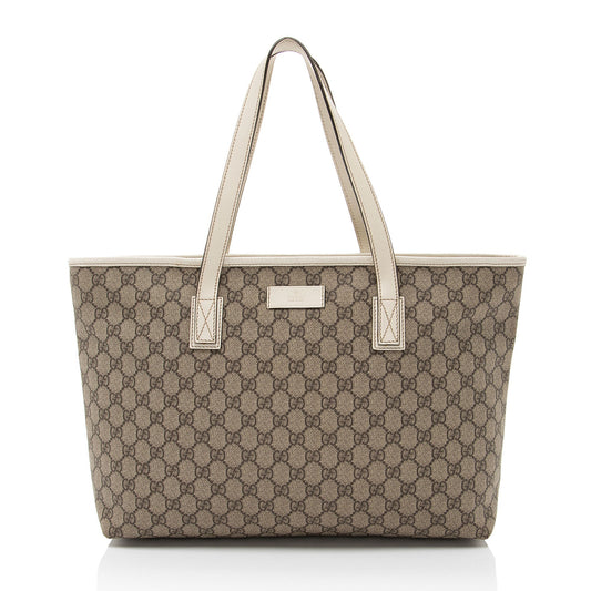 Gucci GG Supreme Classic Zip Leather Canvas White Brown Tote Bag