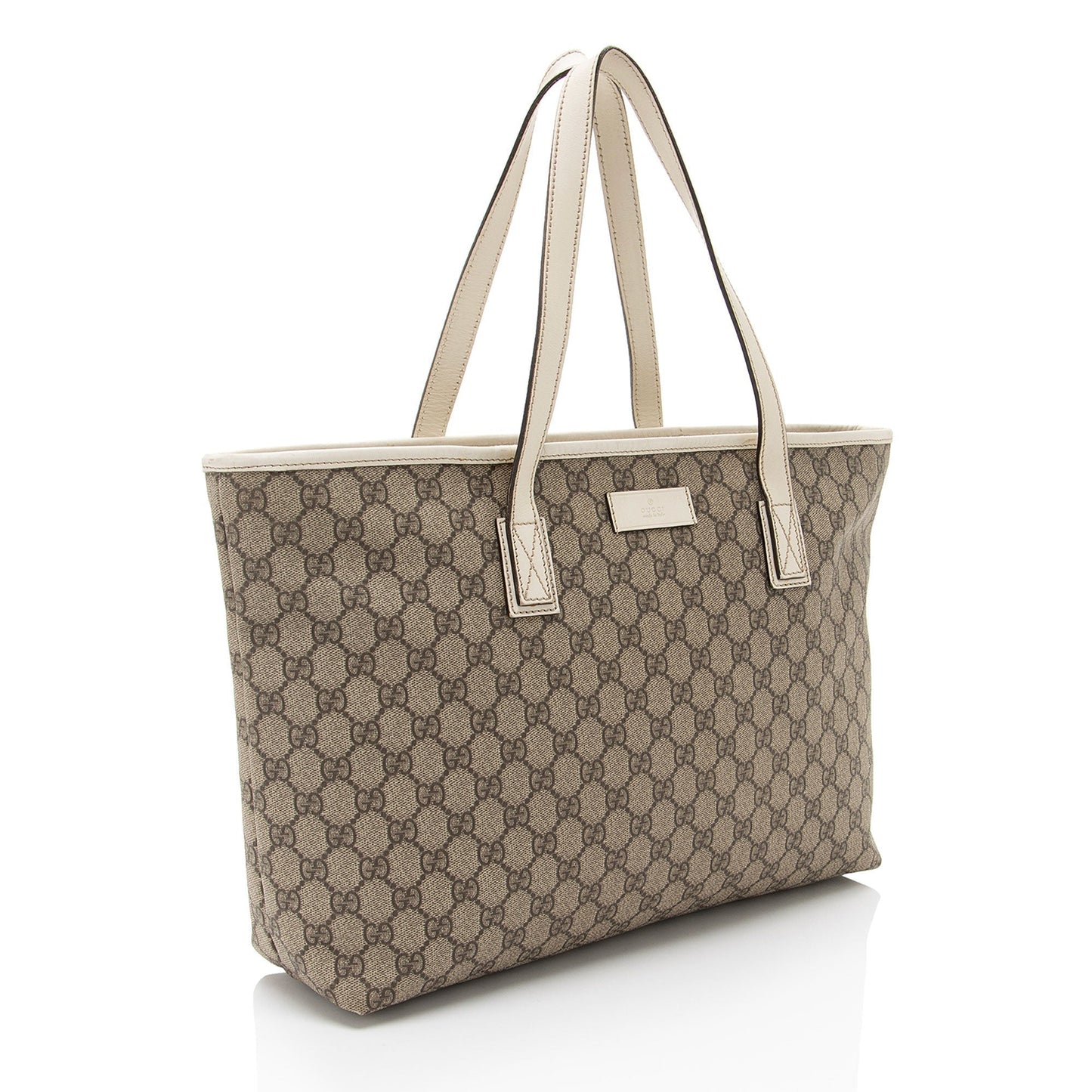 Gucci GG Supreme Classic Zip Leather Canvas White Brown Tote Bag