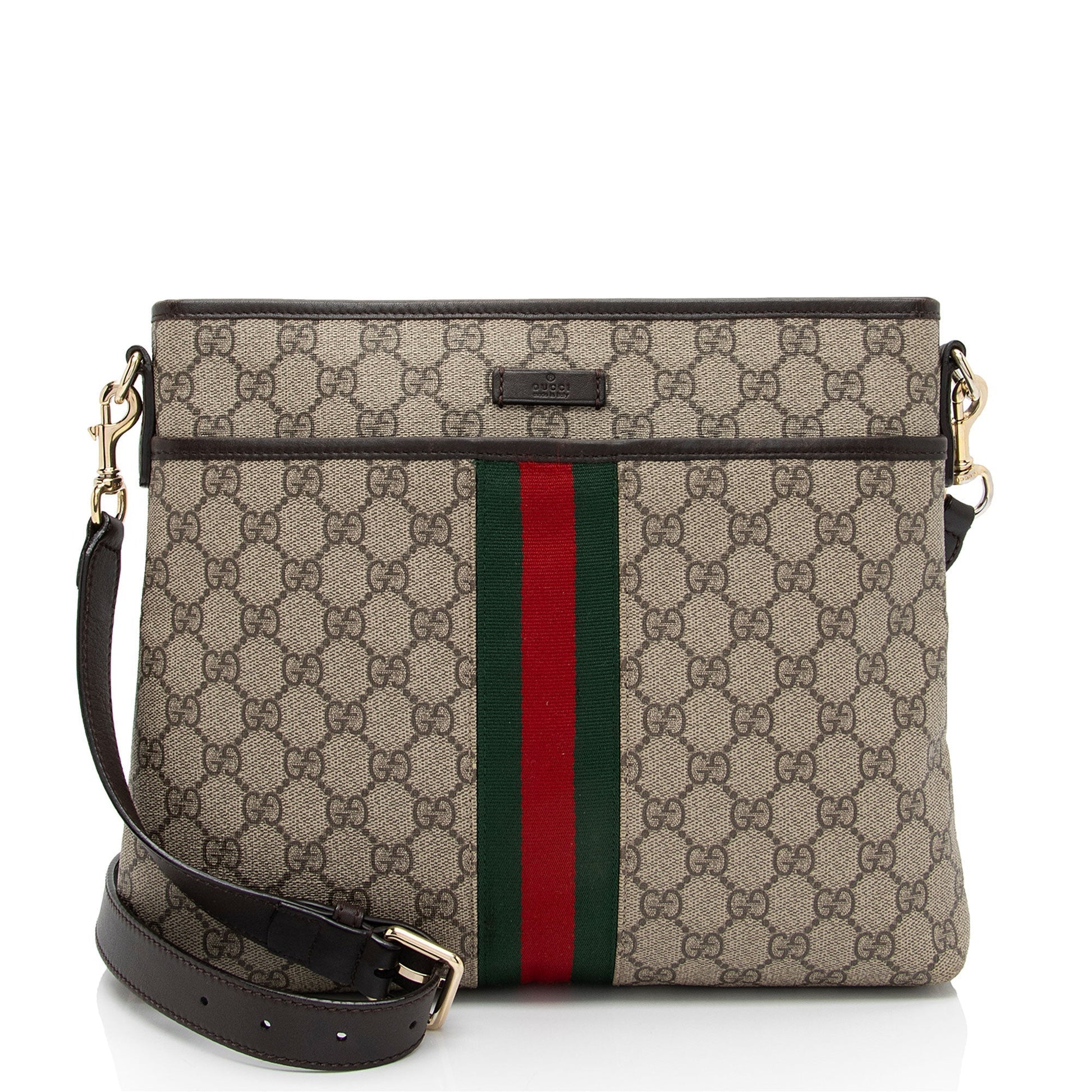 Gucci GG Supreme Classic Web Messenger Leather Canvas Nylon Brown Shoulder Bag