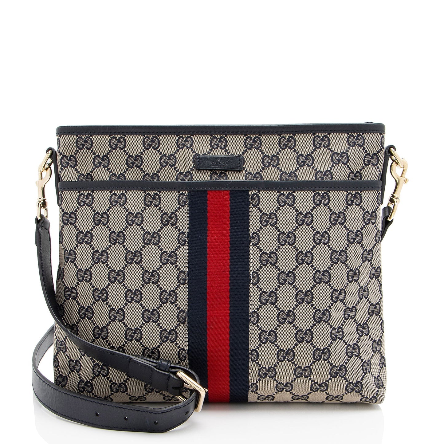 Gucci GG Supreme Classic Web Messenger Leather Canvas Nylon Beige Shoulder Bag