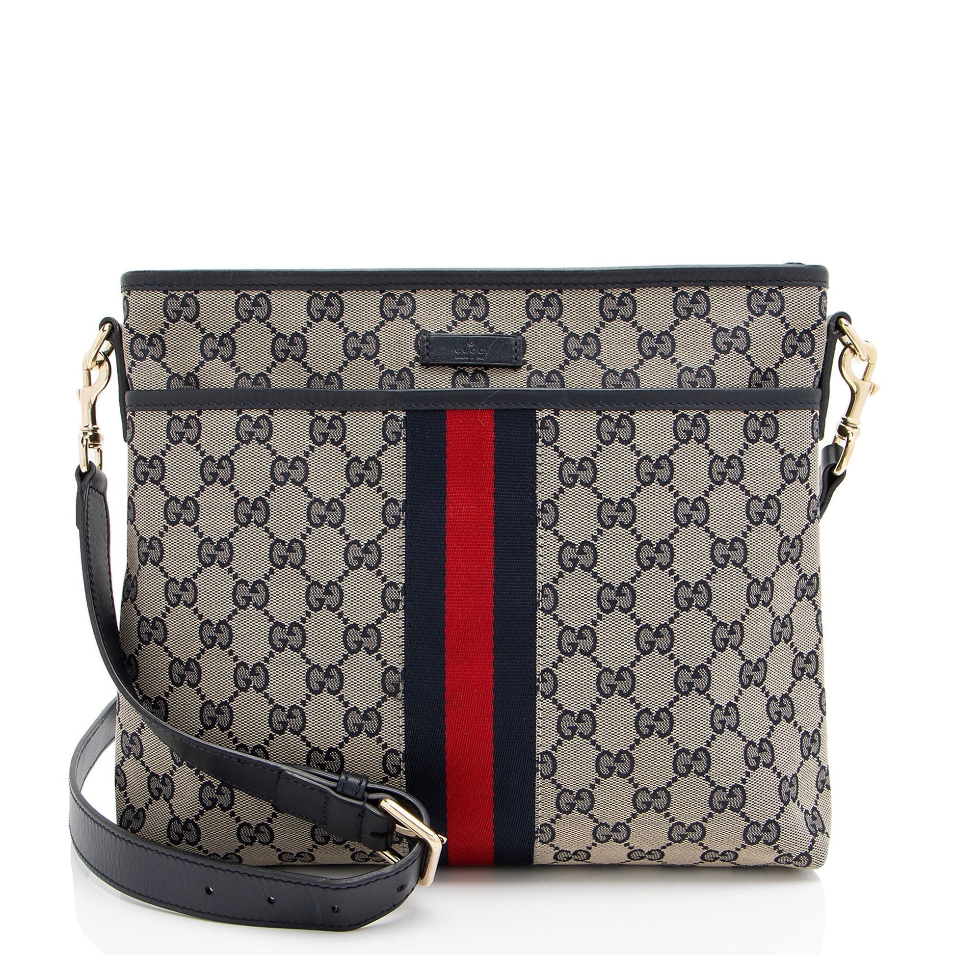 Gucci GG Supreme Classic Web Messenger Leather Canvas Nylon Beige Shoulder Bag