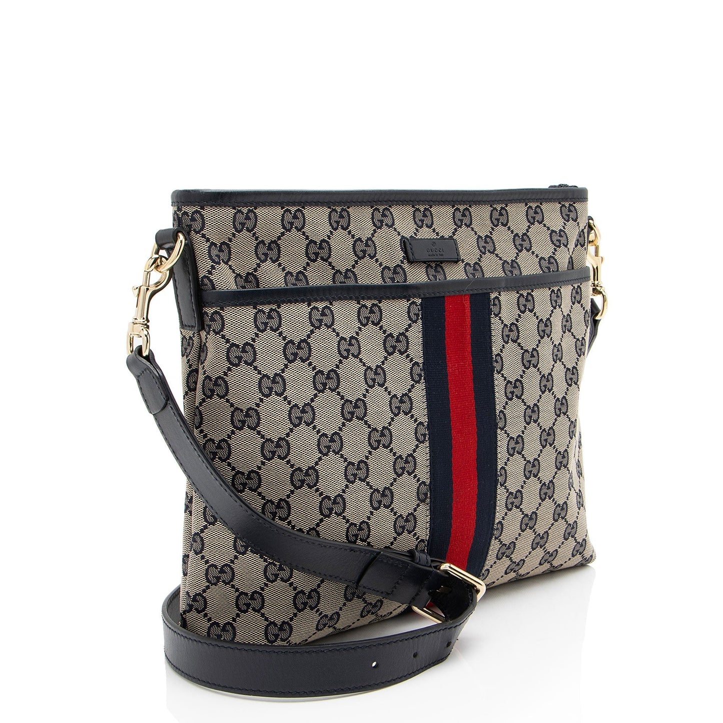 Gucci GG Supreme Classic Web Messenger Leather Canvas Nylon Beige Shoulder Bag